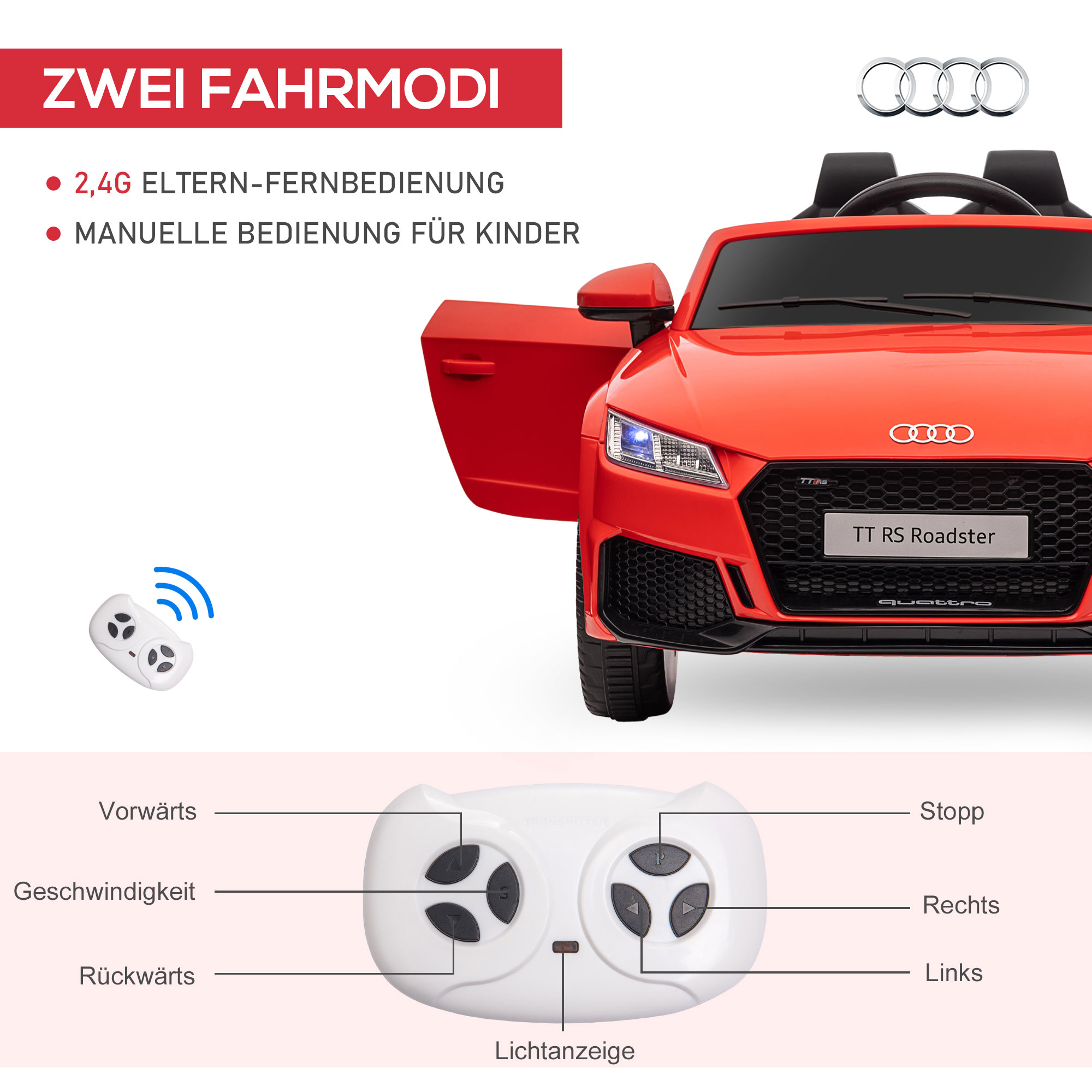 Kinderfahrzeug Audi 12V mit 2,4G Fernbedienung, Musik, Hupe, Elektrofahrzeug mit LED-Leuchte, USB/MP3-Anschluss, Rückwärtsfunktion, für Kinder 3-5 Jahre, rot