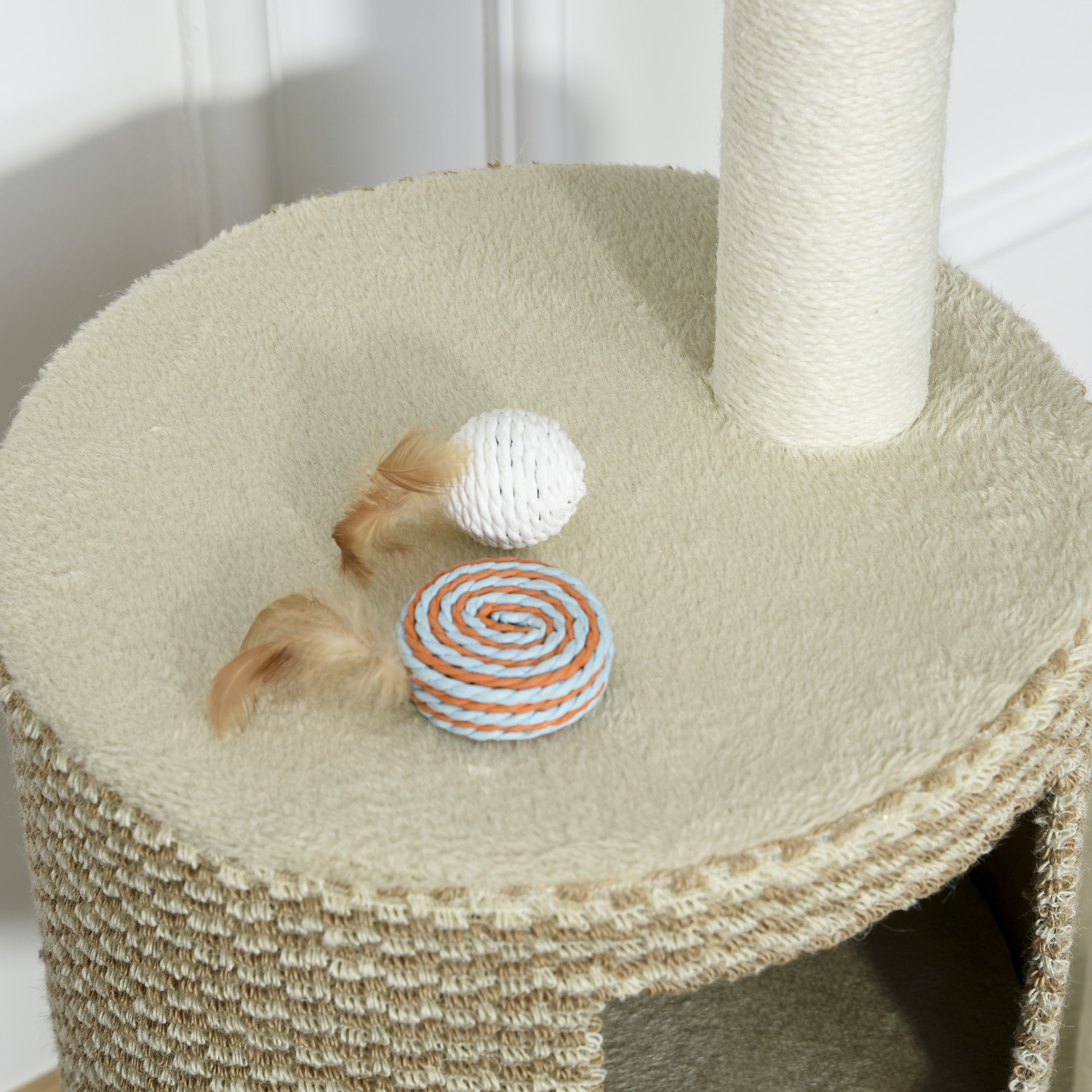 Katzenbaum Kratzbaum Kletterbaum Katzenkratzbaum, kuschelige Aussichtsplattformen, beige und kaffee, Spanplatte, Plüsch, Jute, 61x41x96 cm