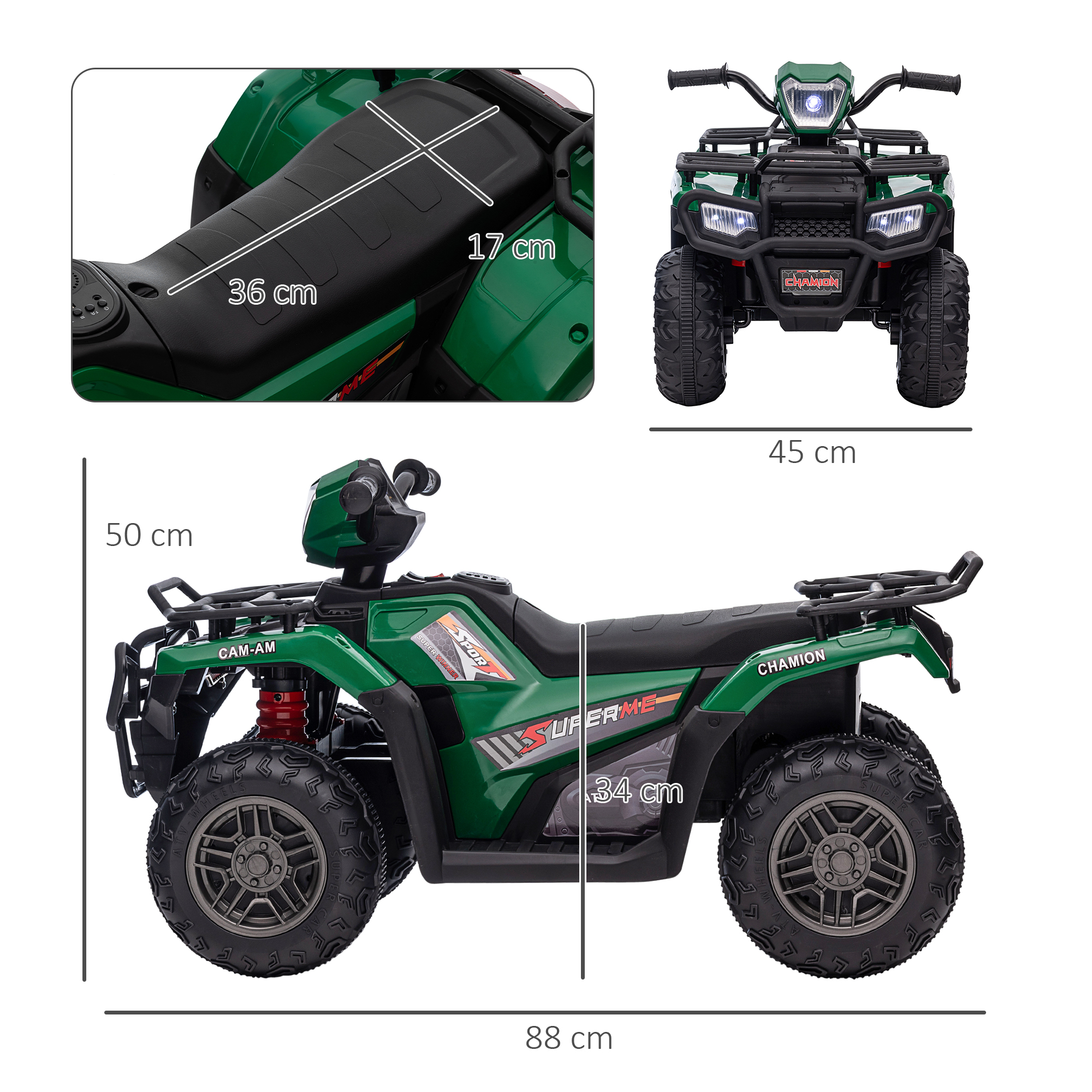 Kinderquad, max, 4 km/h, ab 3 Jahren, LED-Scheinwerfer, Musikanschluss, schwarz+grün 88 x 45 x 50 cm