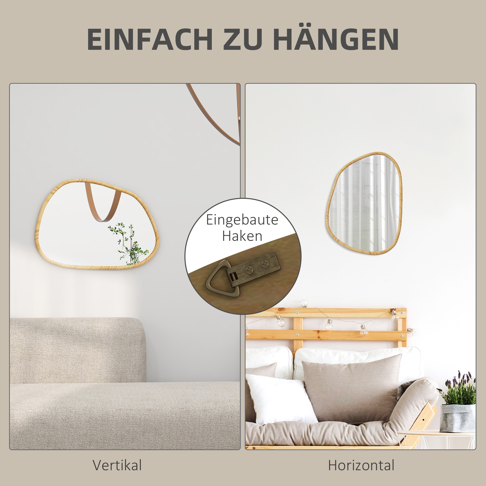 Wandspiegel Dekospiegel Spiegel, Vintage-Design, 70 cm x 2,1 cm x 50 cm, Massivholz, Natur