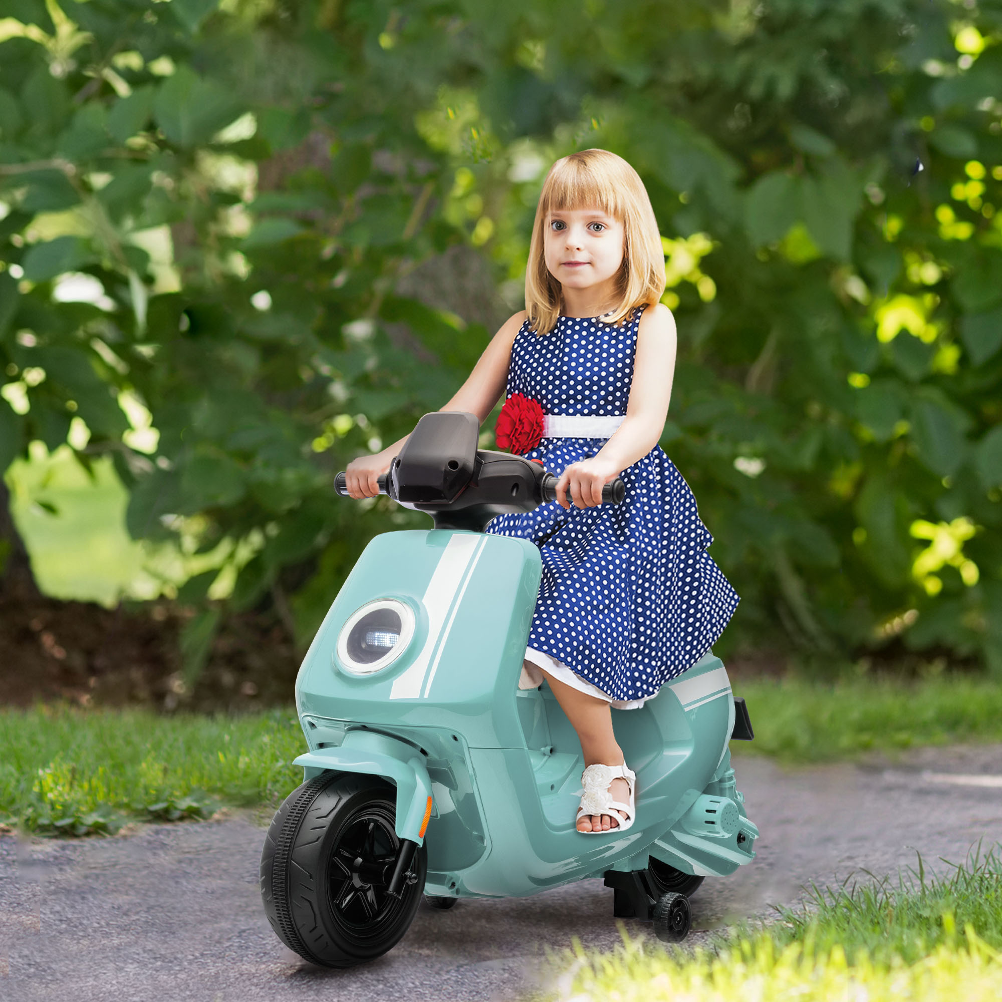 6V Elektro-Motorrad für Kinder, mit Scheinwerfer und Musik, Vor- und Rückwärtsgang, Trainingsräder, 18-36 Monate, Grün
