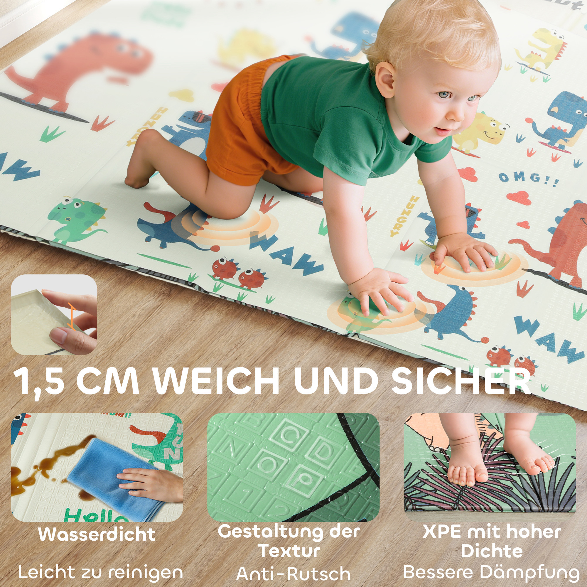 Spielmatte Baby 196 x 176 x 1,5 cm faltbar Doppelseitige Krabbelmatte Mehrfarbig