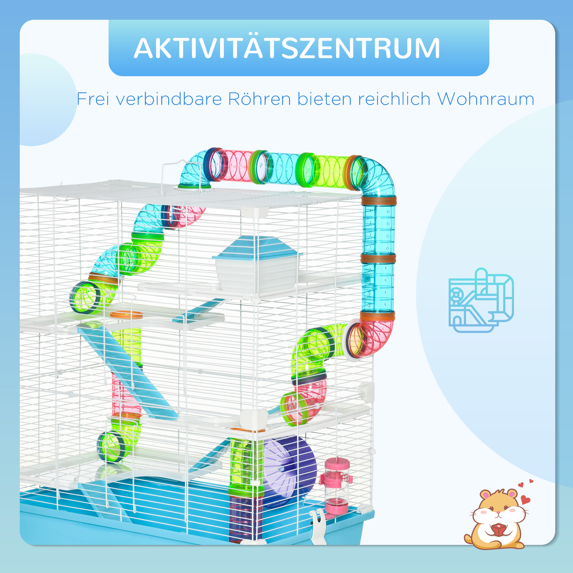 Kleintierkäfig Kleintierstall mit Rampe und Laufrad 5-Ebenen Käfig Nagerkäfig kleine Haustiere Futternapf Trinkflasche Stahldraht Kunststoff PS Hellblau+Weiß 59 x 36 x 69 cm