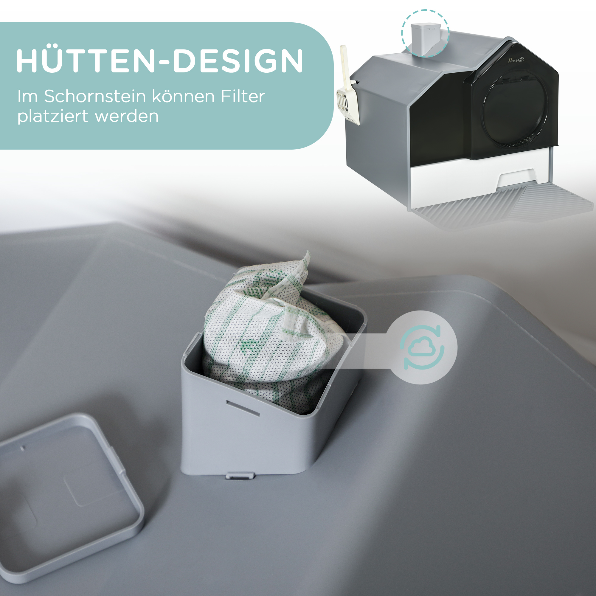 Katzentoilette im niedlichen Design, 1 Siebvorleger, 1 Streuschaufel, herausnehmbare Bodenwanne, Grau