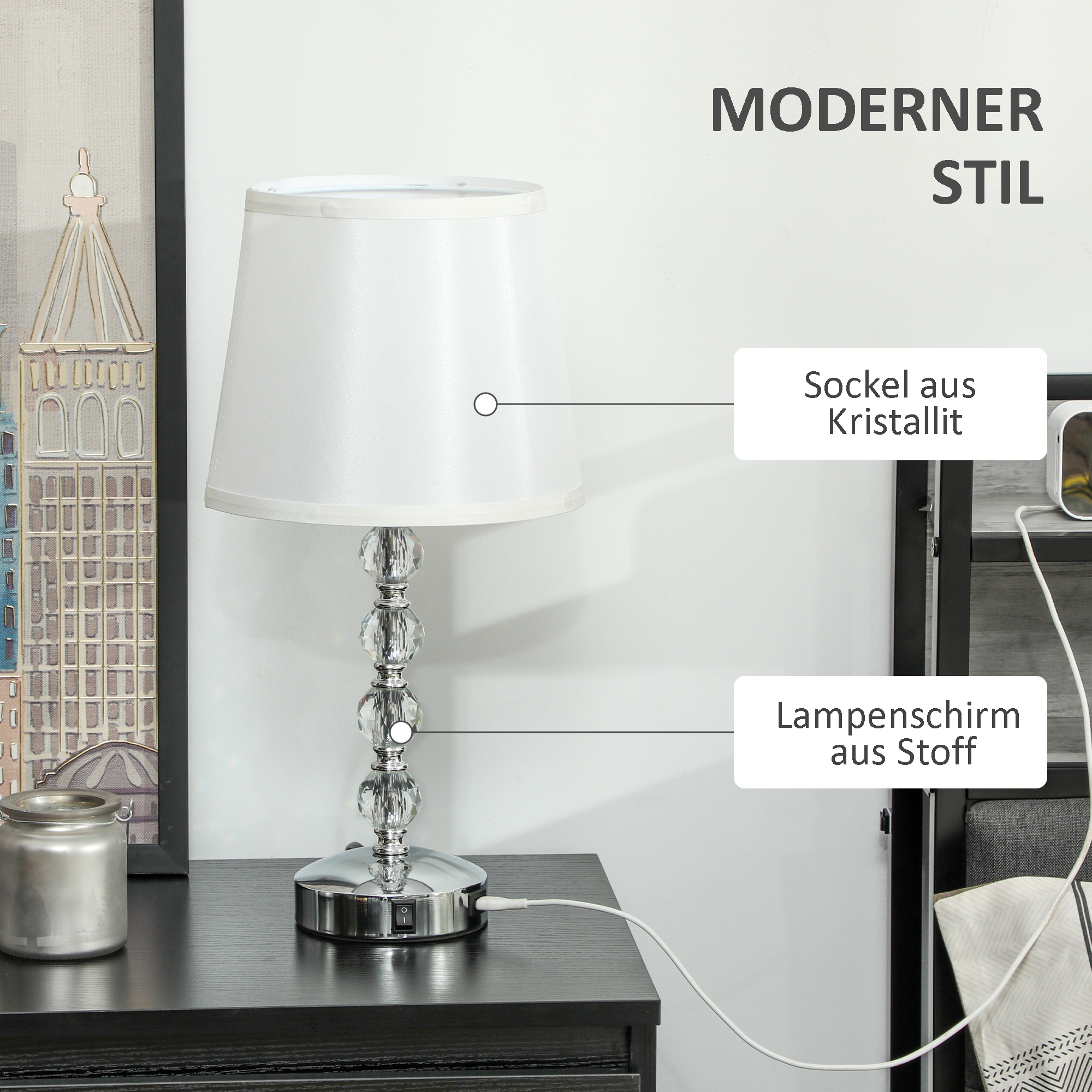 Kristall-Tischleuchte, Touch-Schalter, USB-Ladeanschluss, Ø23x45 cm, Silber