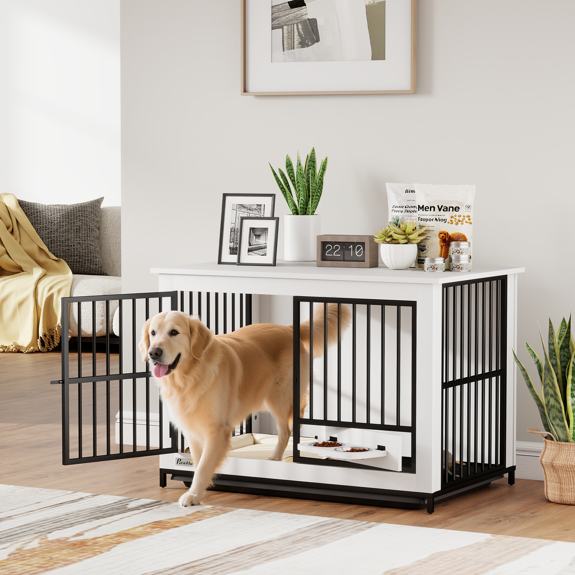 Große Hundebox, einfacher Zugang, verschließbar, drehbarer Schüsselhalter, für kleine und große Hunde, Weiß