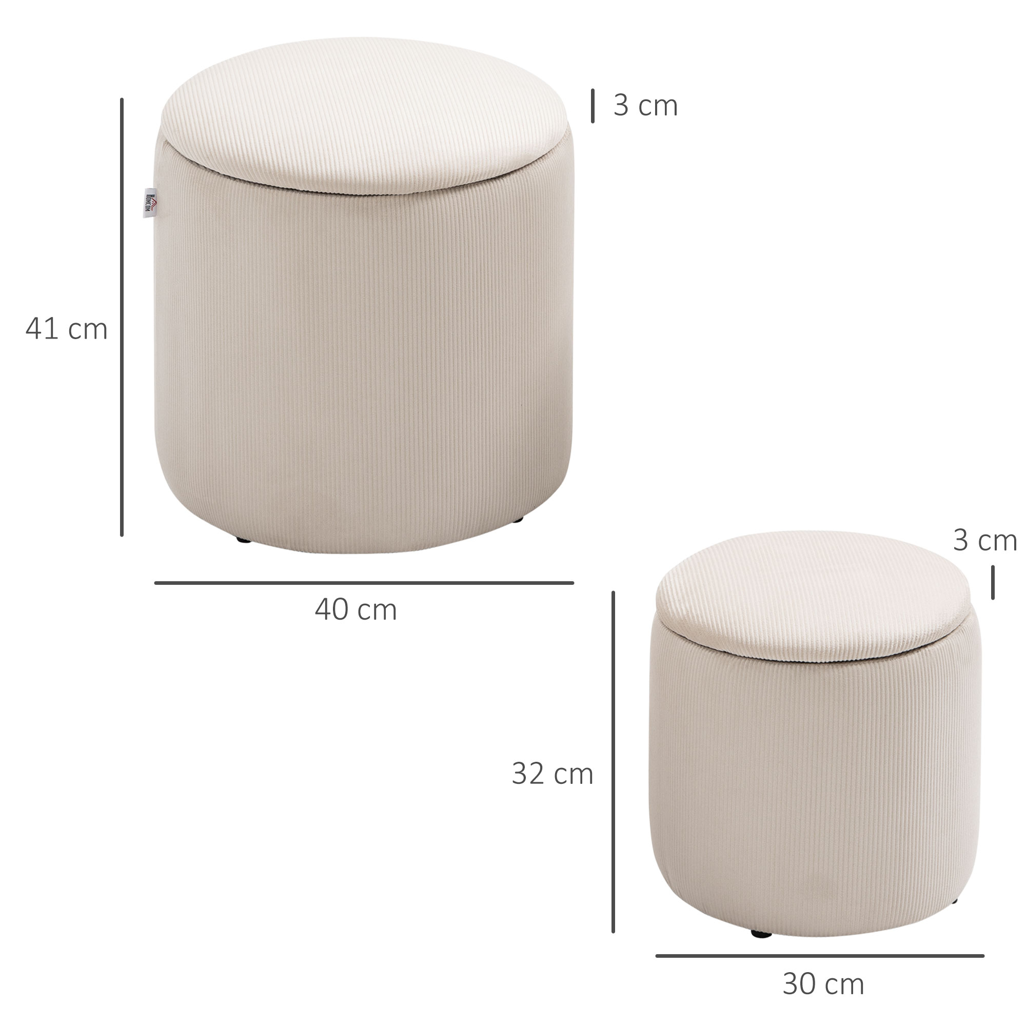 Hocker Ottomane, Zweier-Set, mit Stauraum, weiche Polsterung, Bezug in Cordoptik, Cremeweiß, 40 x 40 x 41cm