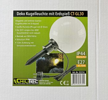 Garten Kugelleuchte Erdspieß "CT-GL30cm", IP44, 230V, 1,5m Kabel, E27 Fassung