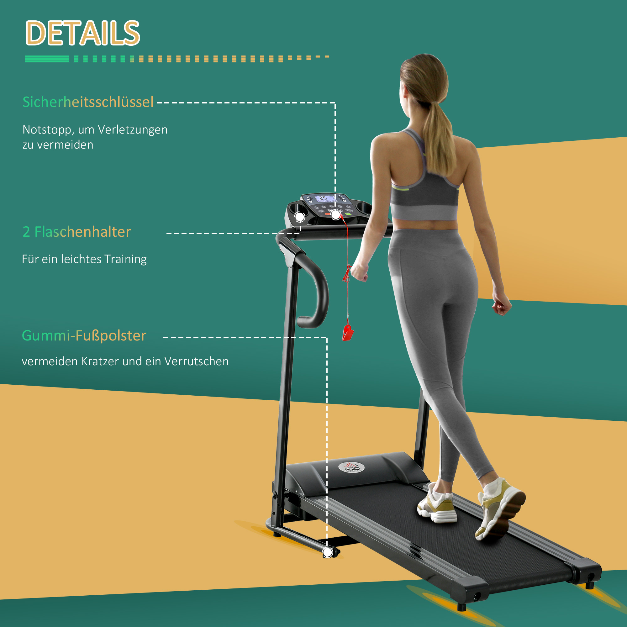Elektrisches Laufband, faltbar, mit LCD-Display, Geschwindigkeit 0,8-10km/h und 3 Programme, Leistung 500 W, 123 x 62 x 117 cm, Schwarz