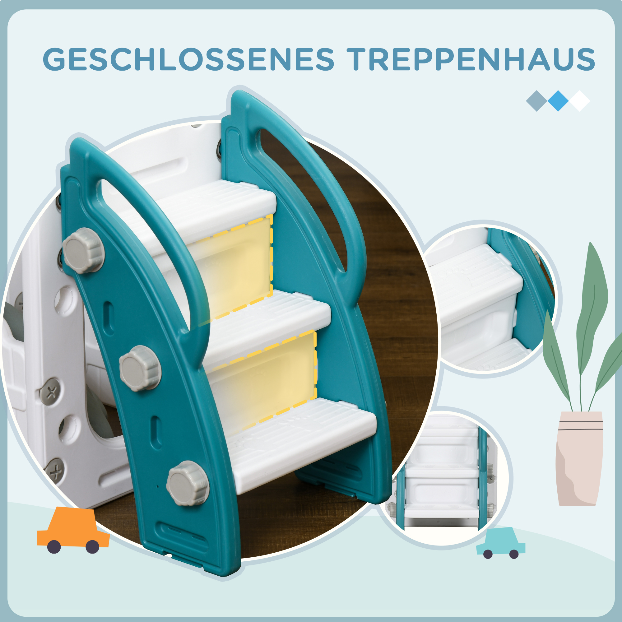 Kinderrutsche, 7-in-1 Spielgerüst, mit Basketball & Lenkrad, für 1-3 Jahre, 178x177x99cm, Gelb/Weiß/Grün