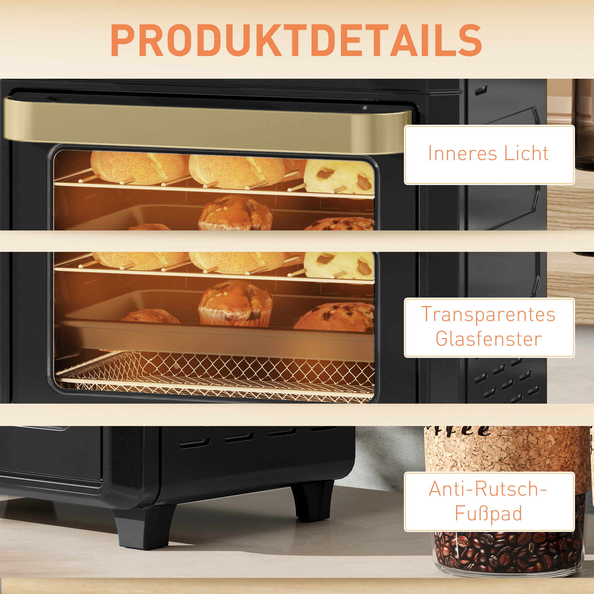 Minibackofen mit Umluft, Heißluftfritteuse, Timer, Innenbeleuchtung, 10L, Schwarz