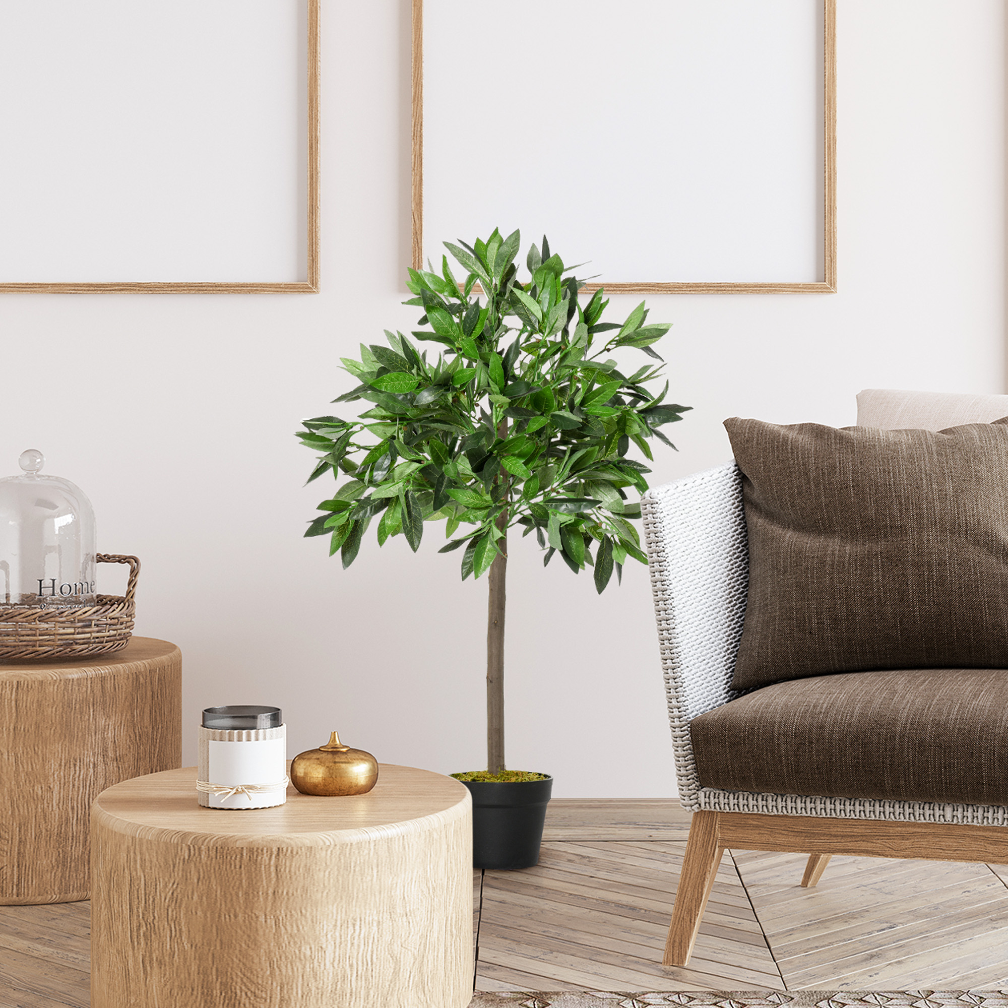 2er-Set künstlicher Lorbeerbaum, 90 cm, Kunstpflanzen im Zementtopf, Kunststoff-Pflanzen für drinnen und draußen, Grün
