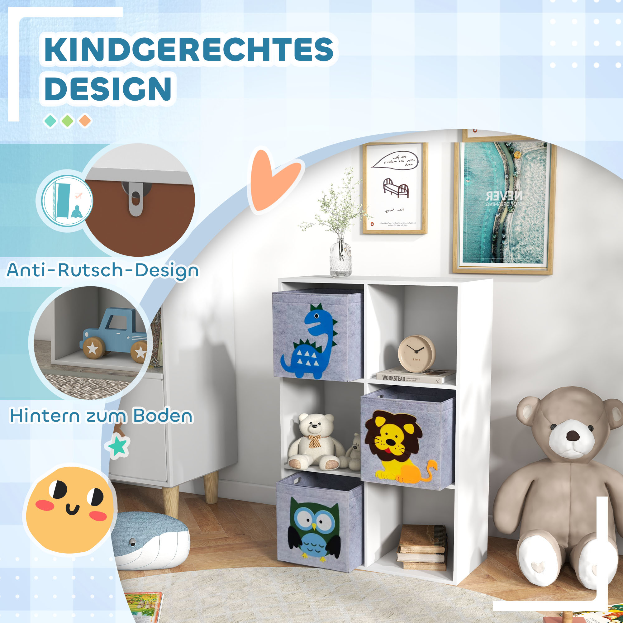 Aufbewahrungsregal für Kinder, Würfel, Schubladen, MDF, Kippschutz, Weiß