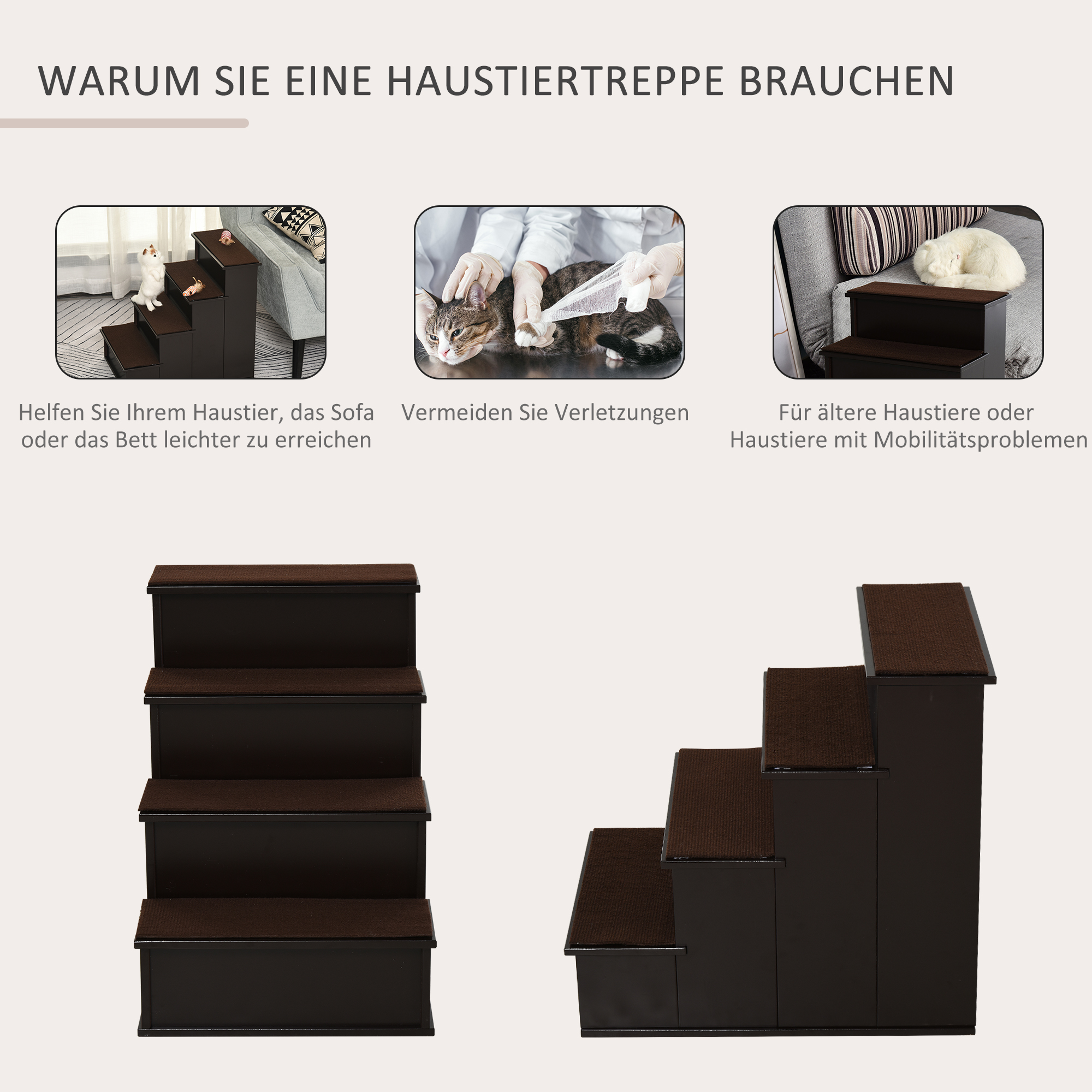 Haustiertreppe, für Hunde/Katzen, 4-stufig, Kurzplüsch, bis 30 kg, 40 x 59 x 54,2 cm, Dunkelbraun
