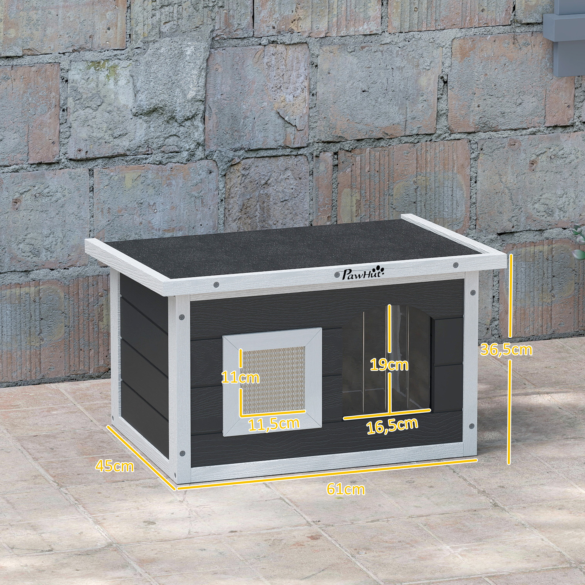 Katzenhaus, Rückzugsort für Katzen und Kaninchen, Holzhaus mit Kratzmatte, Türklappe, 61 x 45 x 36,5 cm, Grau