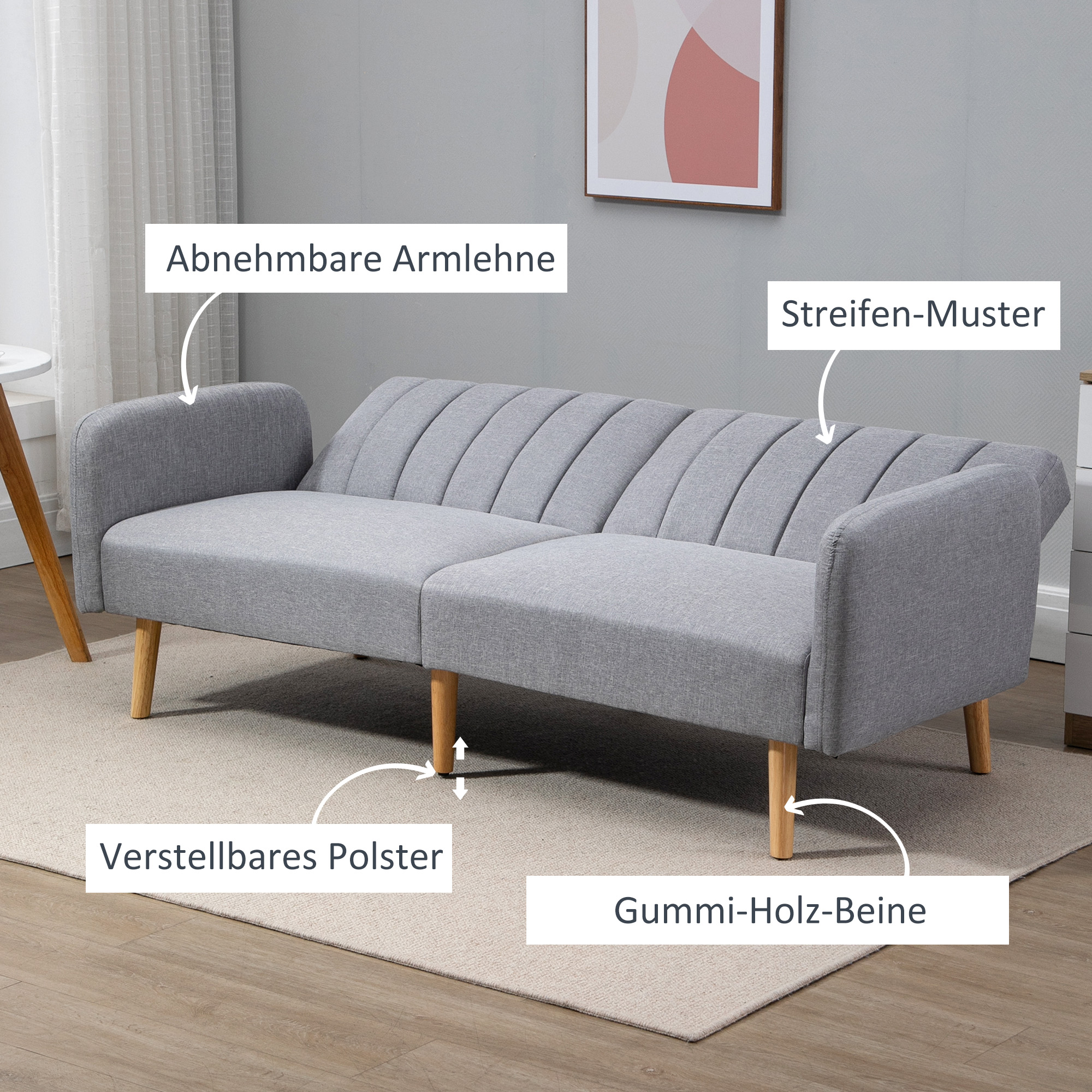 Schlafsofa, 2-Sitzer Stoffsofa, Sofa mit Schlaffunktion, leinenartiges Polyester, Kautschukholz, 173 x 75 x 73 cm, Grau