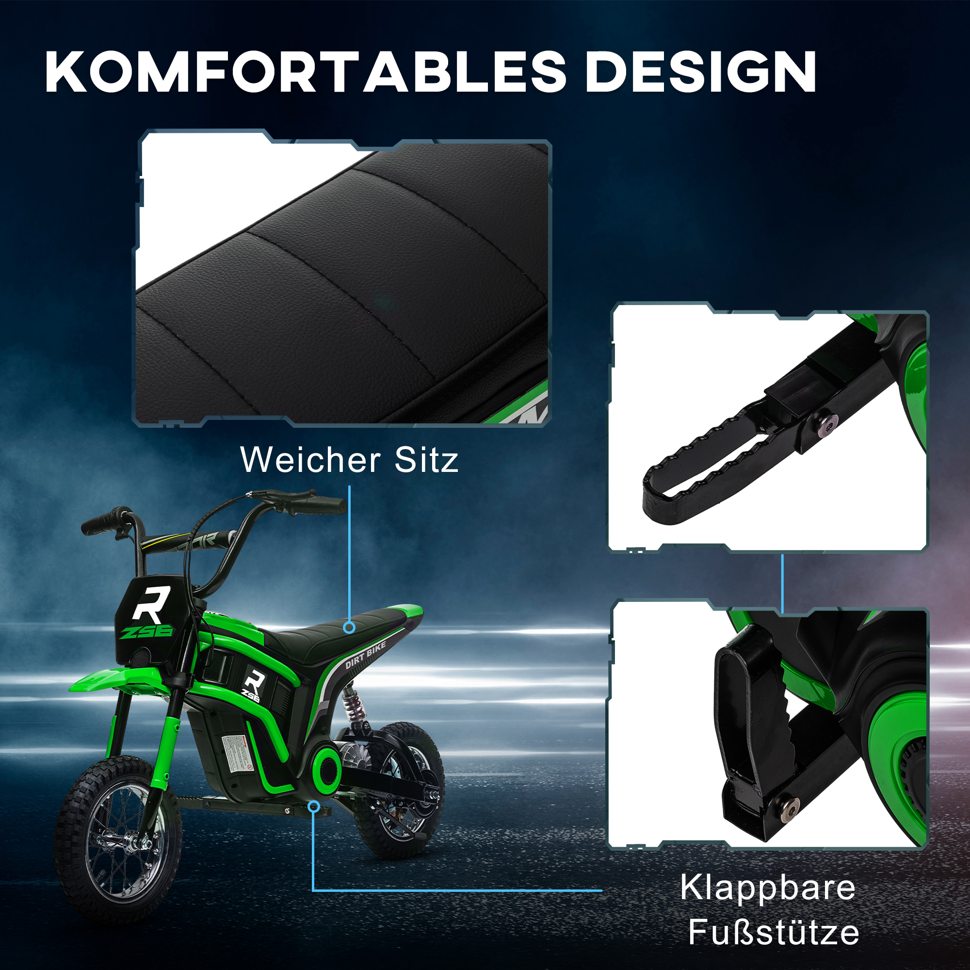 Elektro-Kindermotorrad, 24V Motor, einstellbare Geschwindigkeit, Musik & Lichter, Grün
