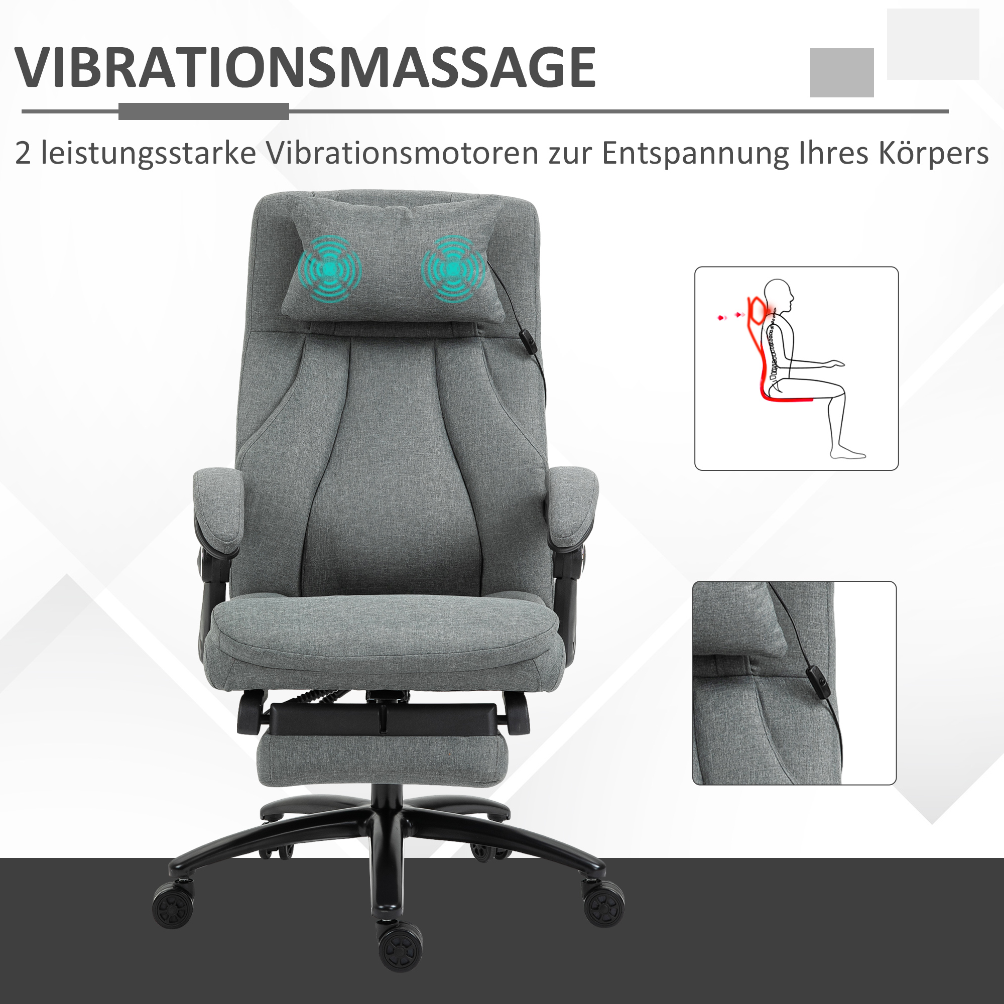 Bürostuhl massage, höhenverstellbarer Chefsessel, Gamingstuhl mit Fußstütze Massagefunktion, ergonomischer Drehstuhl, Massage Sessel, Leinen-Gefühl, Grau, 64 x 74 x 109-117 cm