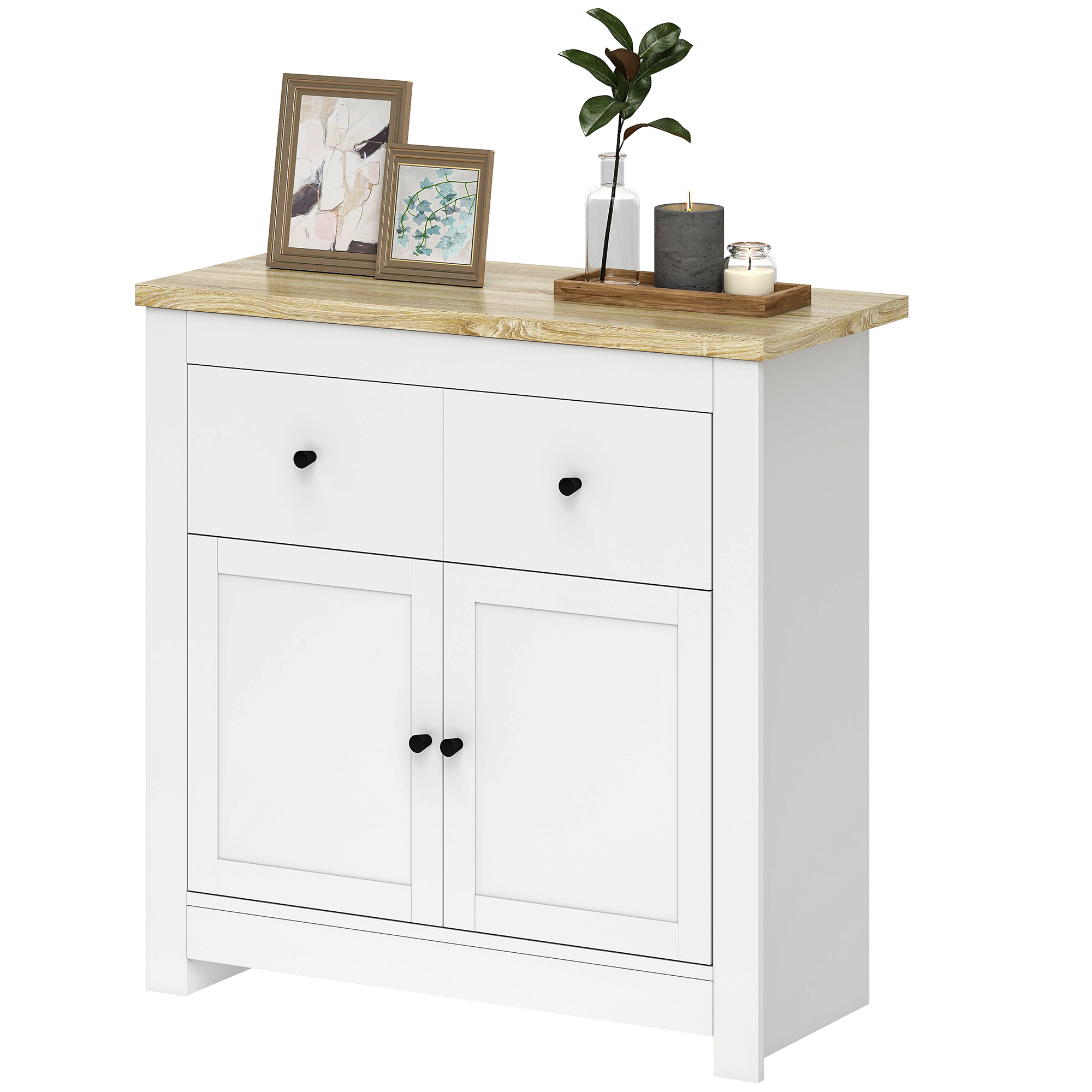 Kommode mit viel Stauraum, Sideboard mit Soft-Close-Türen, 2 Schubladen, verstellbares Regal, Weiß Kommode mit viel Stauraum, Sideboard mit Soft-Close-Türen, 2 Schubladen, verstellbares Regal, Weiß