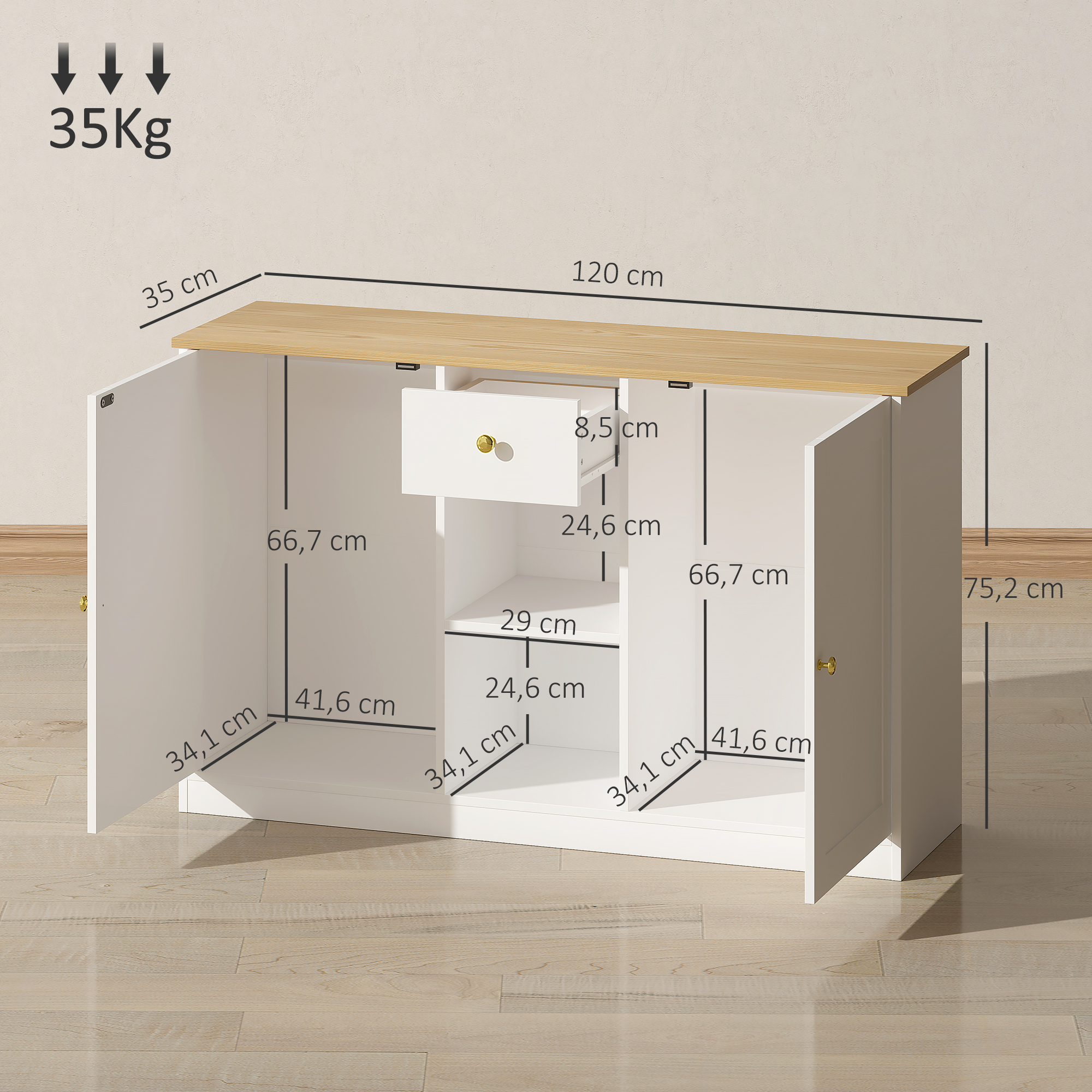 Küchenkommode, Sideboard mit Schublade, Schränken, Regalen, Spanplatte, Weiß