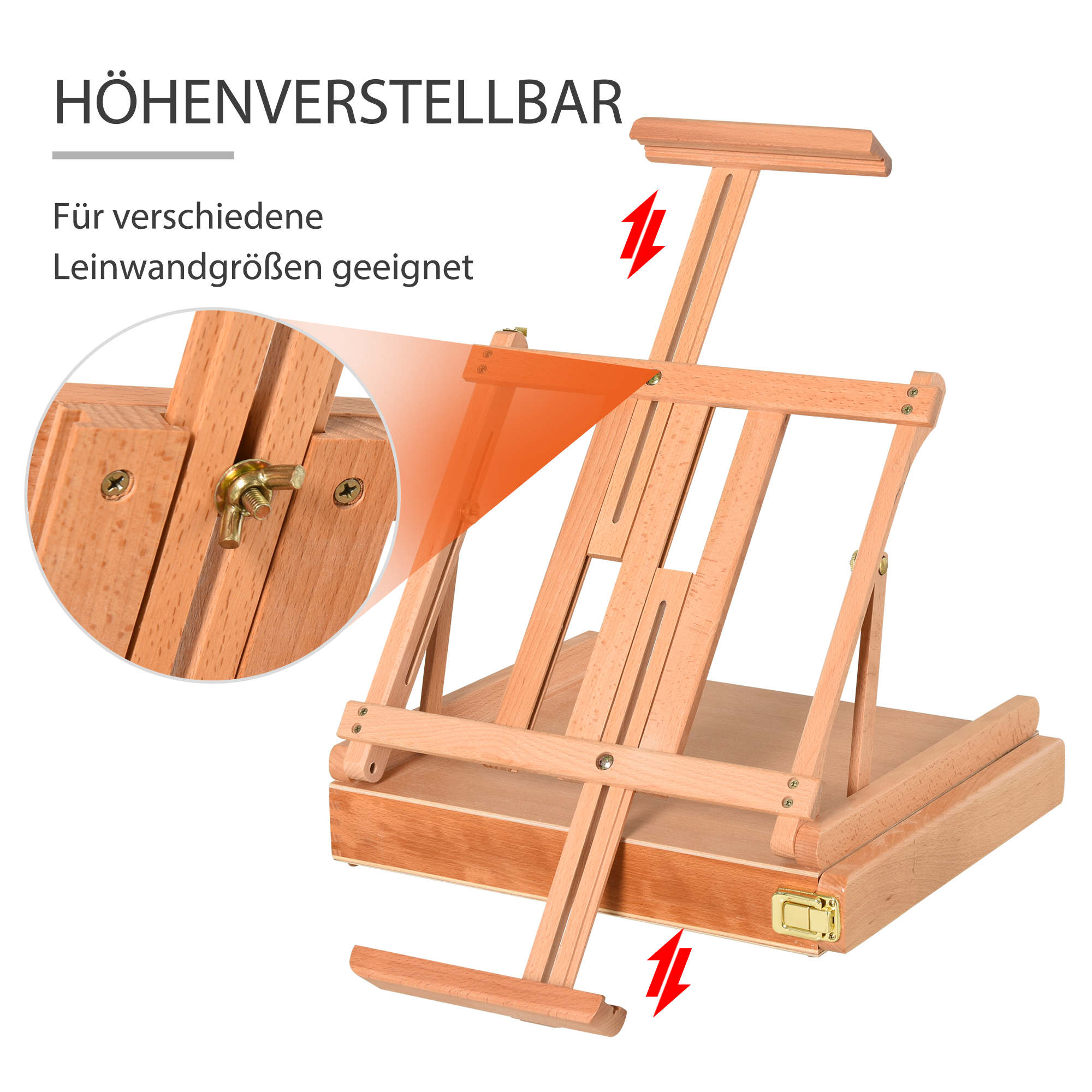 Staffelei Keilrahmen Kofferstaffelei Atelierstaffelei Winkelverstellbar Faltbar mit Schublade Buchenholz Natur 42 x 36 x 12,5 cm