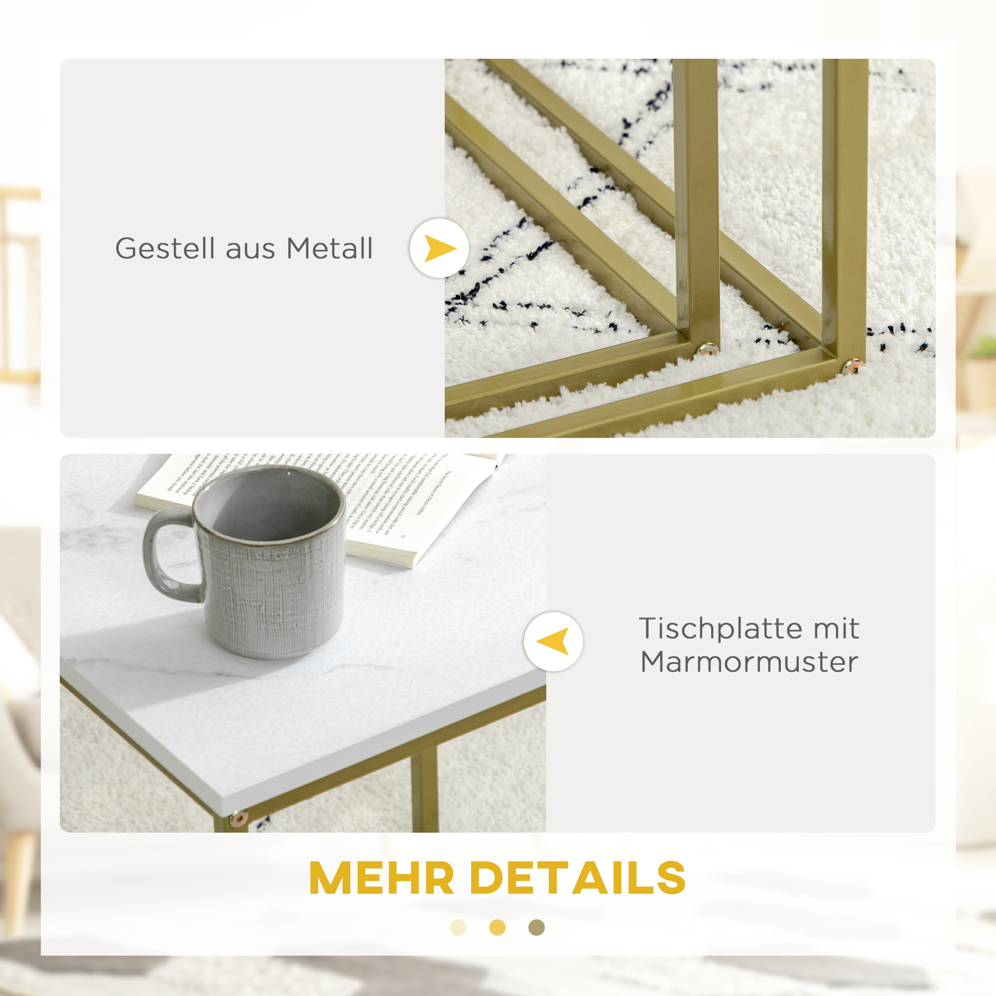 2er-Set Beistelltische, stapelbare Beistelltische, Tischplatte in Marmoroptik, Gold + Weiß