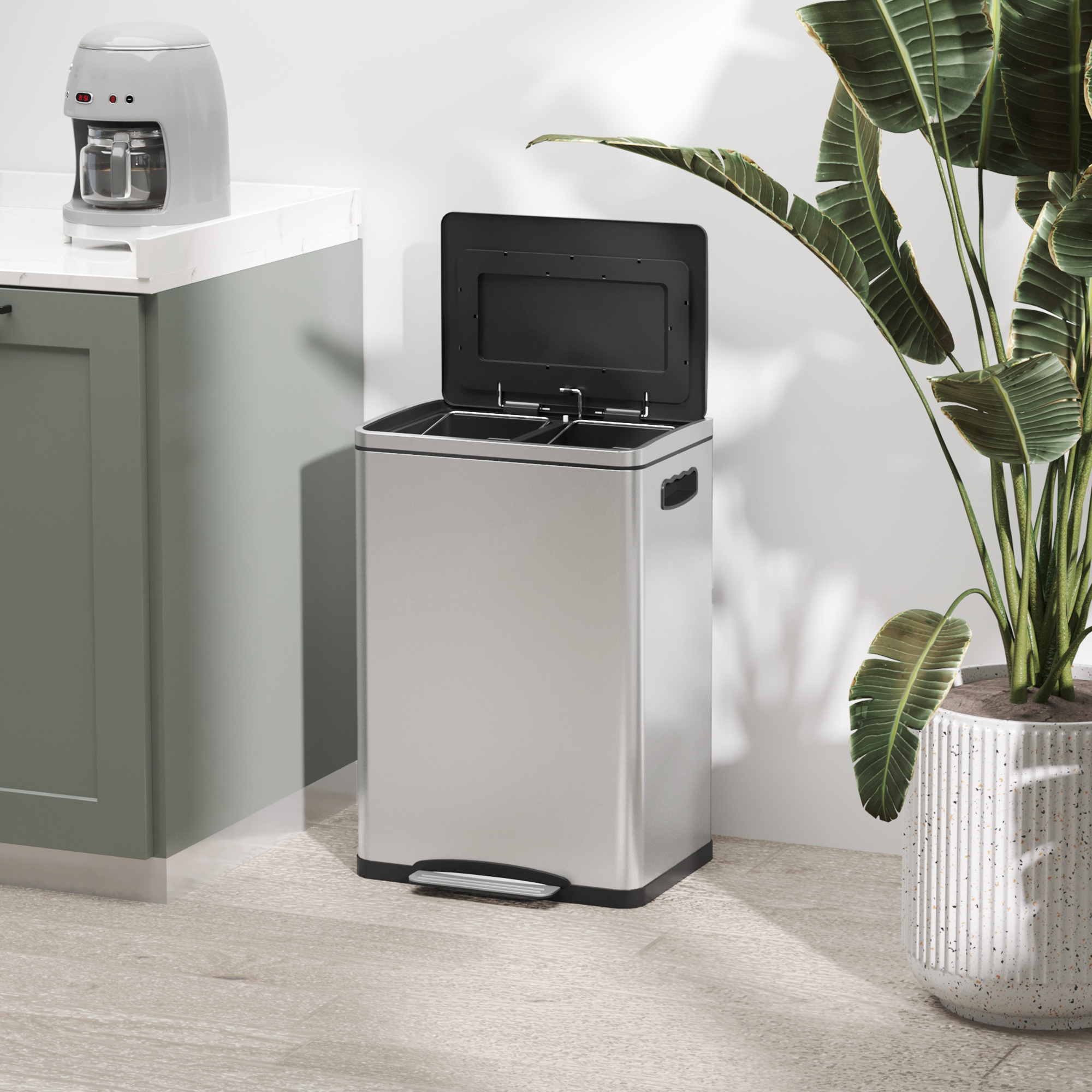 Mülleimer, Abfalleimer mit Deckel und Fußpedal, Edelstahl, 2x 20 Liter-Fächer, Silber