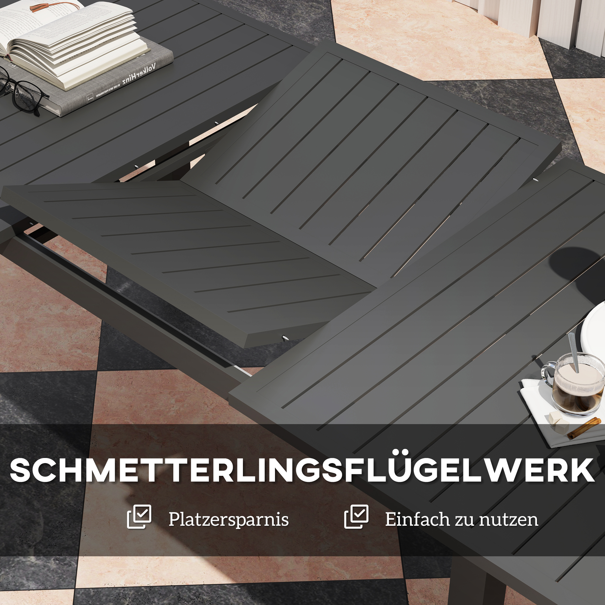Gartentisch Erweitert Aluminium 160/220x90 cm Wetterfest Balkontisch, rutschfest Buffettisch Grau