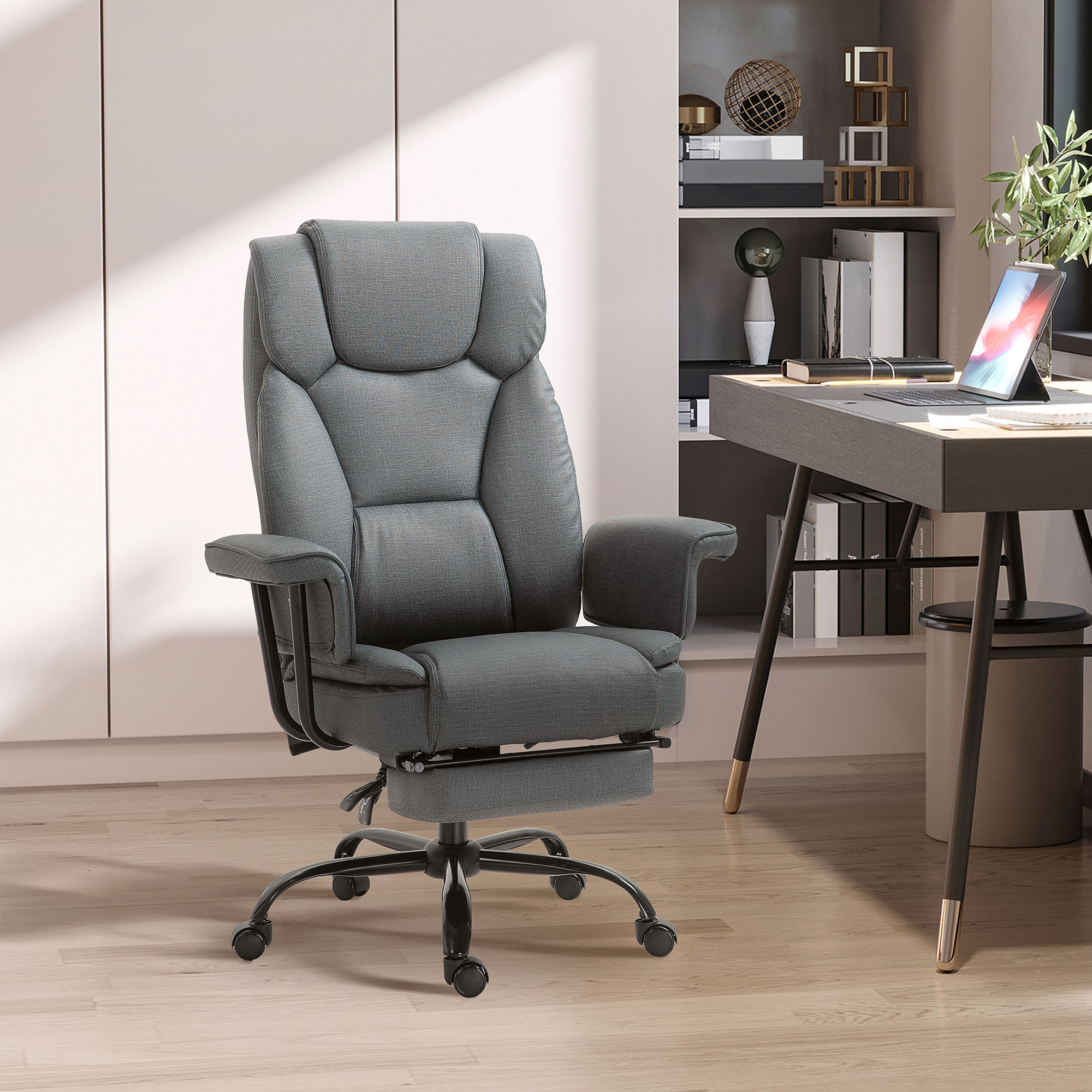 Bürostuhl Ergonomischer Chefsessel 360° Drehbar Computerstuhl höhenverstellbar mit Kopfstütze und gepolsterte Armlehnen mit Fußstütze Kunstleder 68 x 80 x 120-126 cm