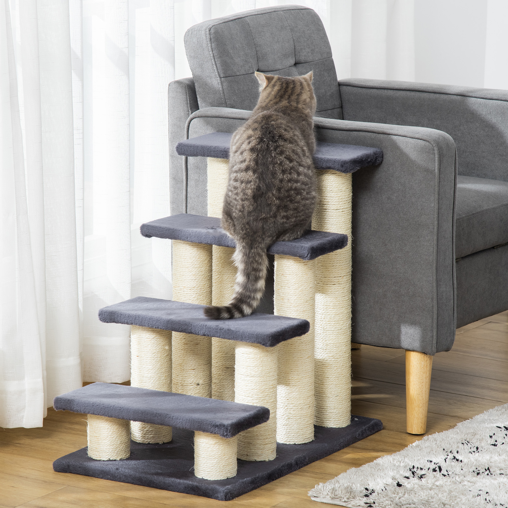 Hundetreppe 4 Stufen 59 cm Hoch Haustiertreppe für Katze und Hunde Hunderampe Katzentreppe Einstiegshilfe für Bett, Sofa, Couch Grau