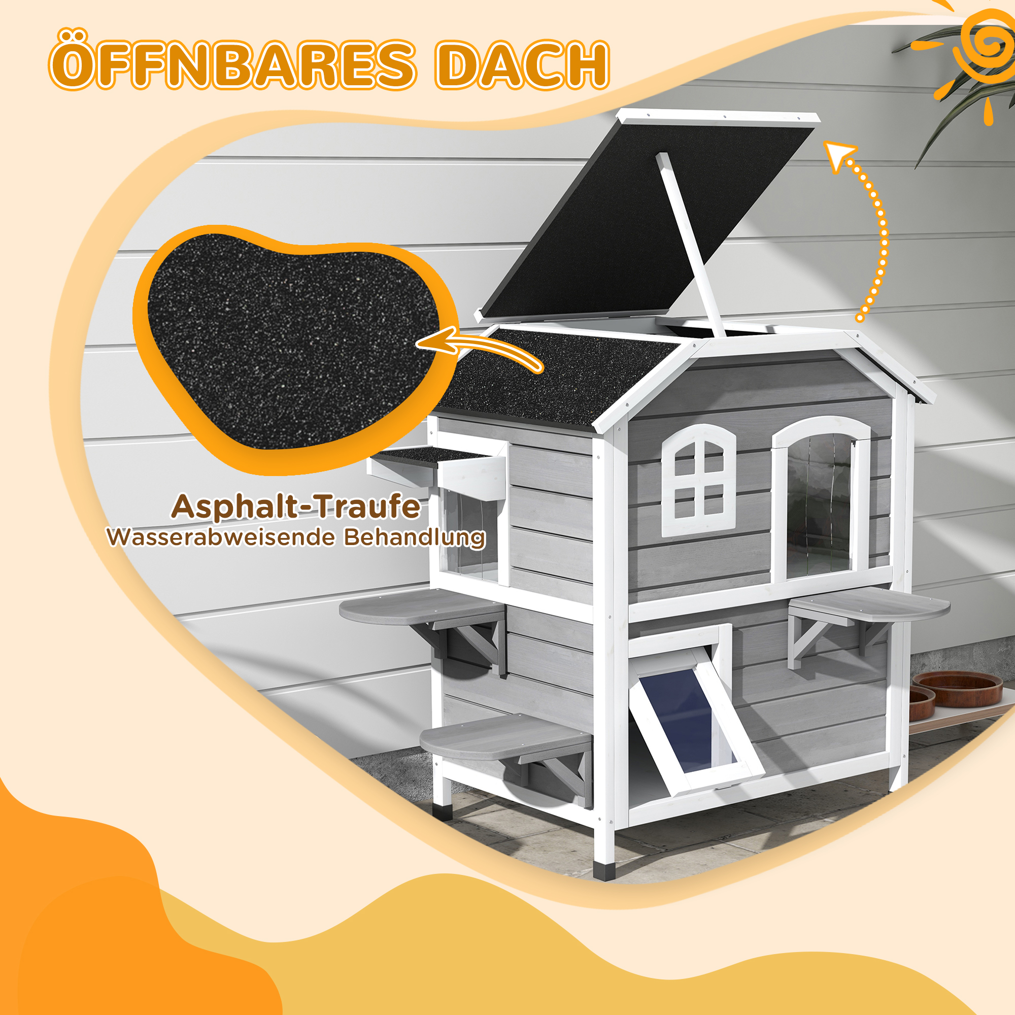 Katzenhaus aus Holz 2-Etagen Winterfest wasserdicht Katzenhütte mit Asphaltdach klappbarem Deckel Treppe Katzenhöhle Outdoor Schutzhütte für Draußen Garten Balkon 78 x 55,5 x 91 cm Grau