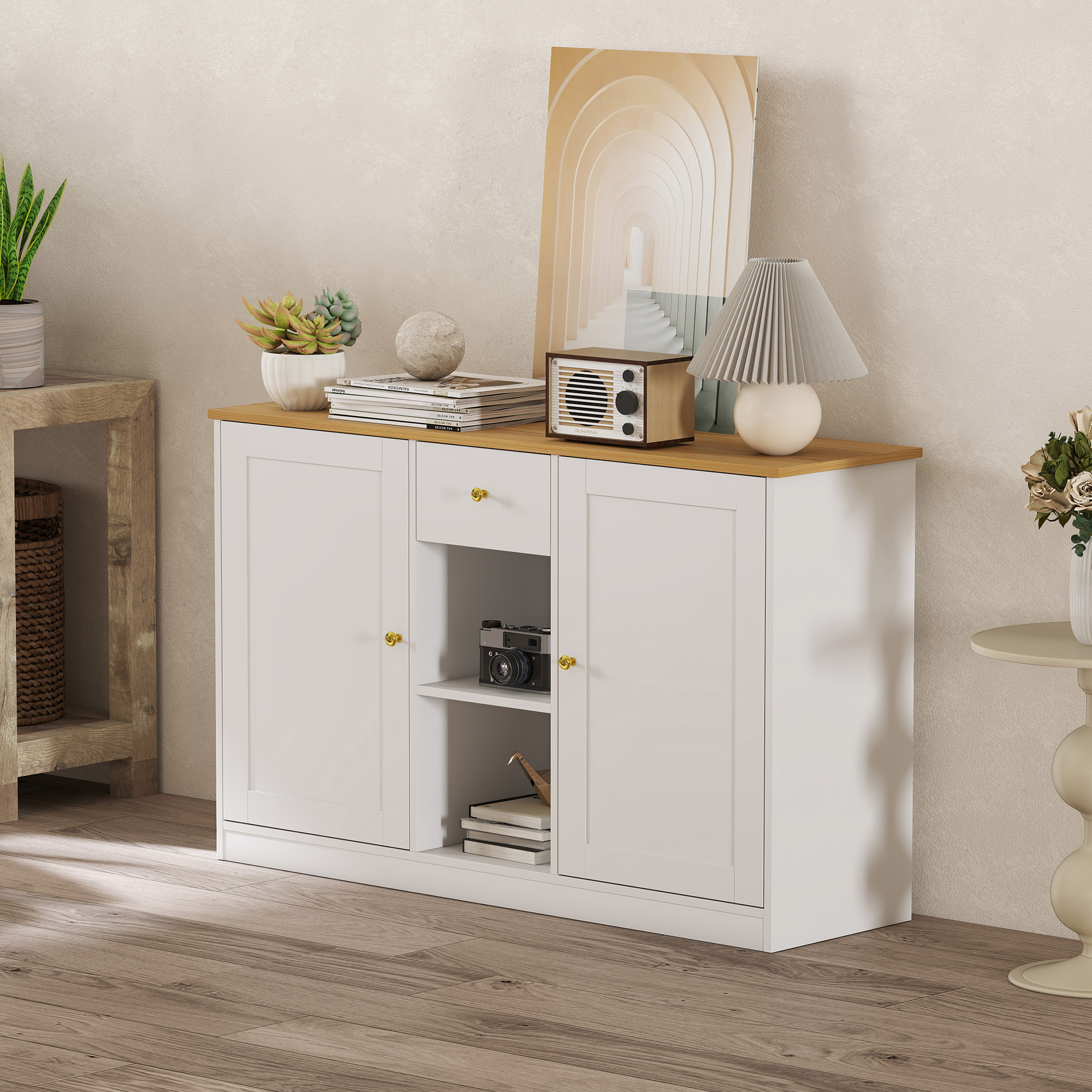 Küchenkommode, Sideboard mit Schublade, Schränken, Regalen, Spanplatte, Weiß