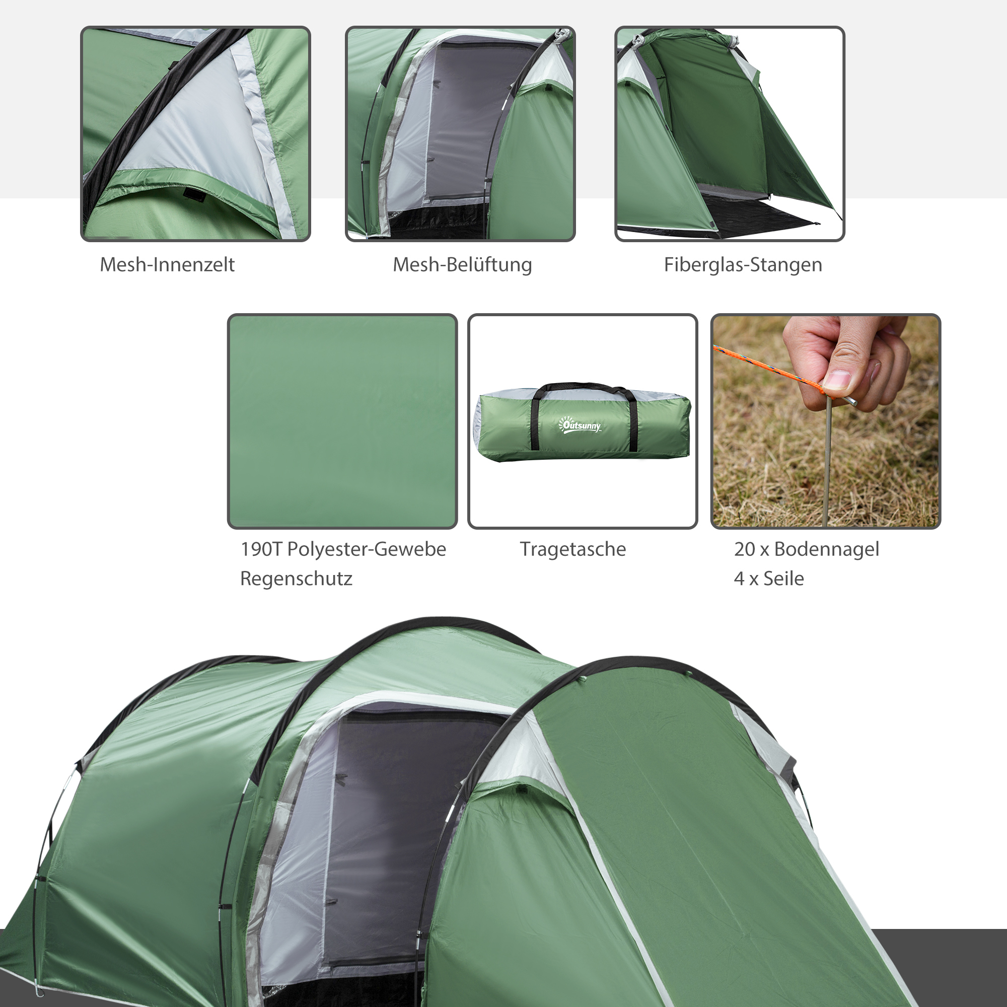 Campingzelt für 2-3 Personen stabil wasserdicht Familienzelt mit Seitentür Fenster Packtasche, Zelt mit 2000mm Wassersäule Tunnelzelt Kuppelzelt für Camping Reise Trekking Garten, Dunkelgrün