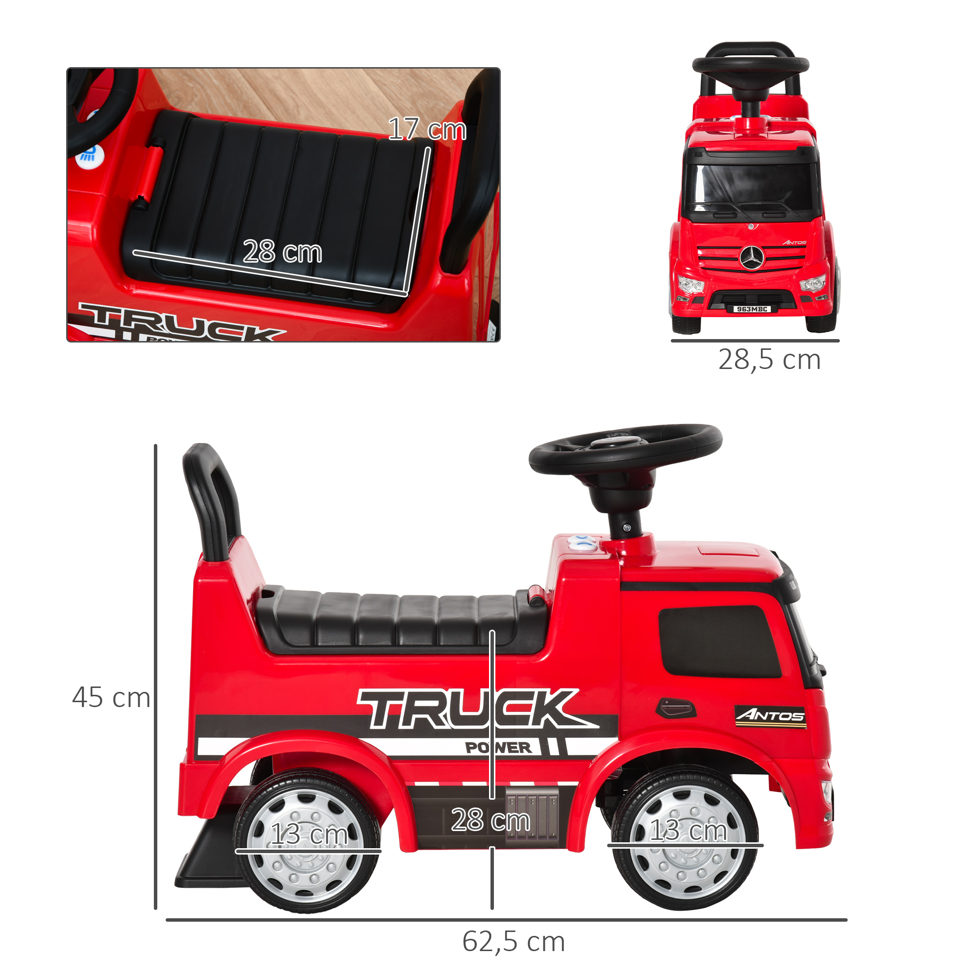 Rutscherfahrzeug Rutscherauto Babyrutscher Kinderfahrzeug lizenziert von Mercedes ANTOS-LKW-Stil mit Licht für Kinder von 12 bis 36 Monaten Metall PP-Kunststoff Rot+Schwarz 62,5x28,5x45cm
