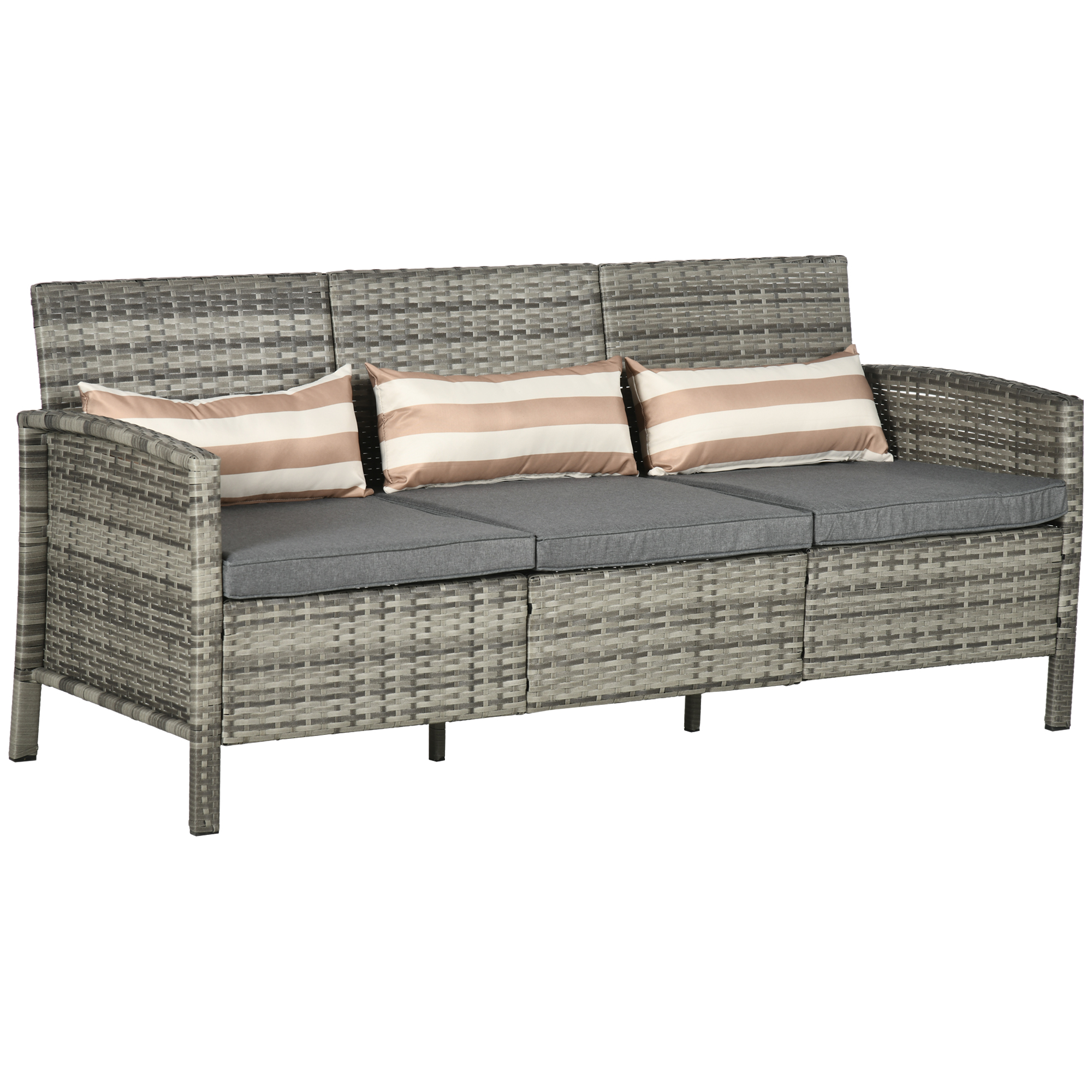 Rattan Sofa mit Kissen, Dreisitzer, Garten Loungesofa, Stahl, Grau, 173 x 68 x 78 cm