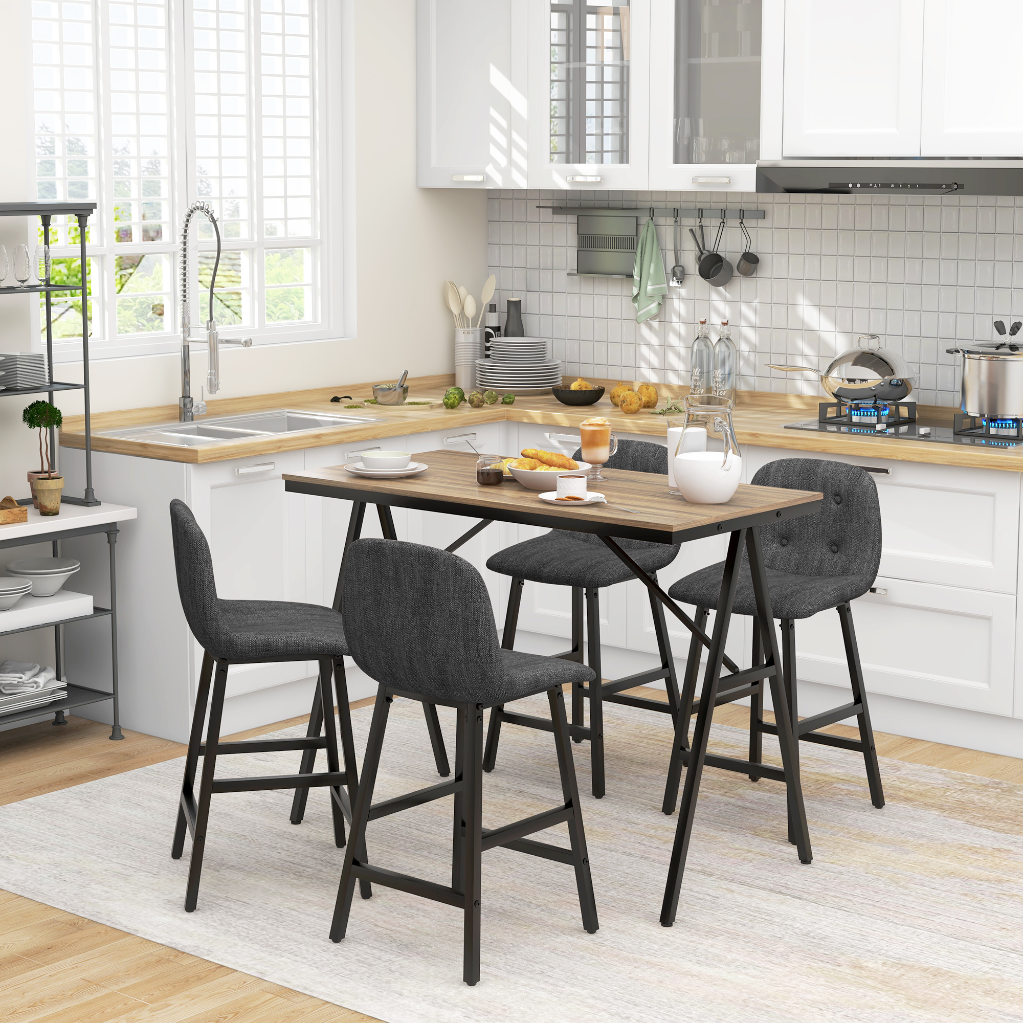 Bargarnitur 5-teilig, Tisch und 4 Stühle, Knopfheftung, dicke Polsterung, Leinenoptik, Dunkelgrau