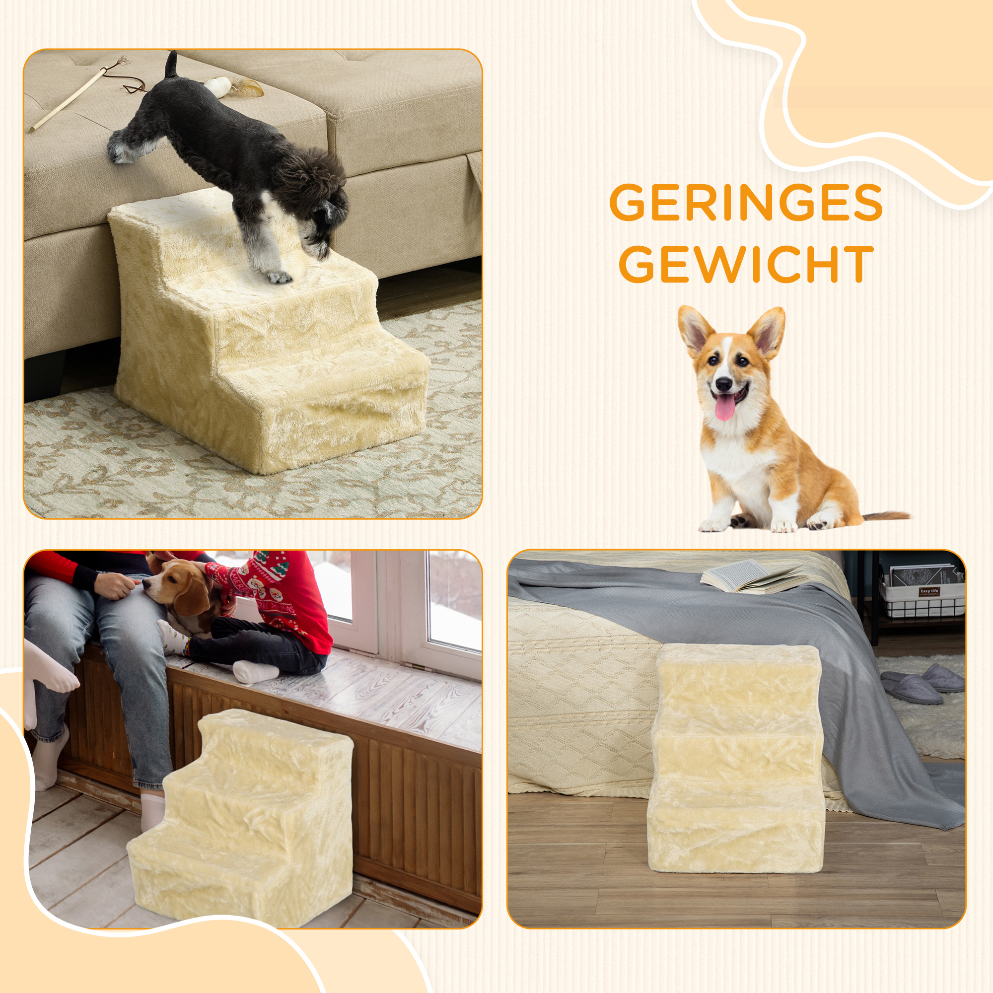 Faltbare Haustiertreppe, 3 Stufen, waschbarer Plüschbezug, Spanplatte, 46 x 35 x 35 cm, Beige