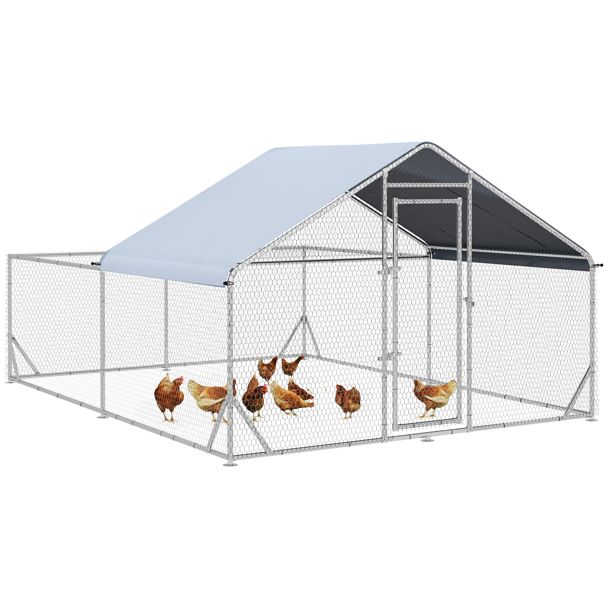 Zwerghühnerstall, wetterbeständig, begehbarer Stall, Stahlgitter, 400 cm x 300 cm x 195 cm, Silber