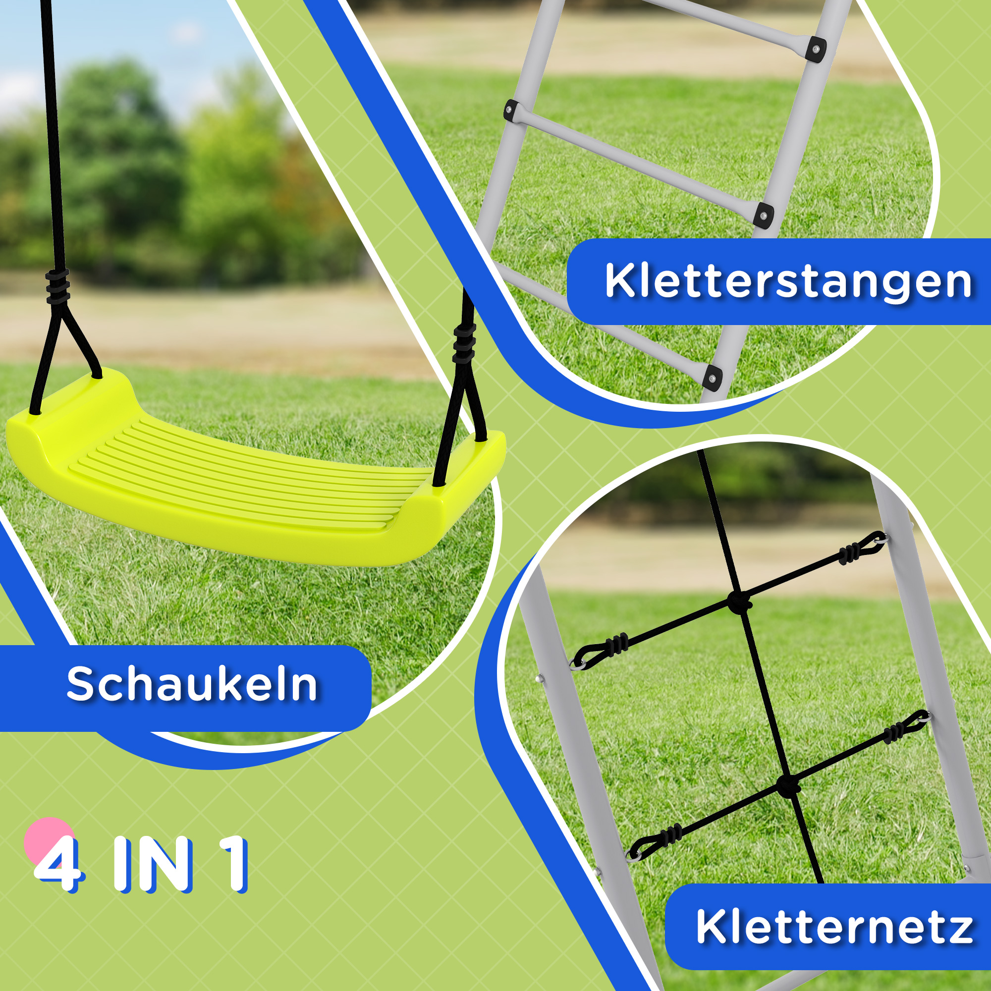 Kinderschaukel-Set, mit Kletternetz und Sprossenleiter, für Kinder 3-8 Jahre, Stahlgestell, Grün