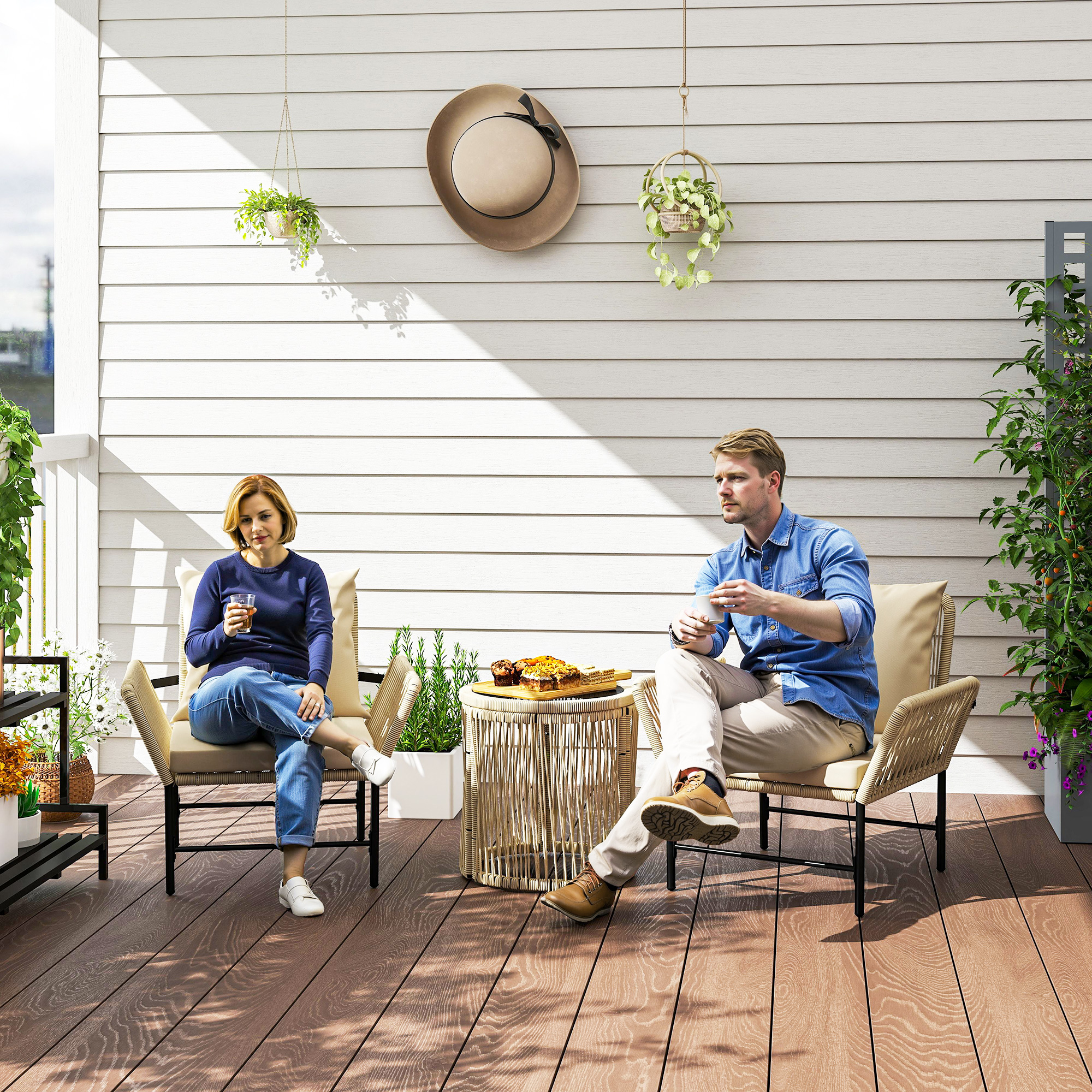 Polyrattan Gartenmöbel Set, Outdoor Balkonmöbel für 2 Personen, 3-teilig mit 2 Stühle, Beistelltisch Sitzkissen