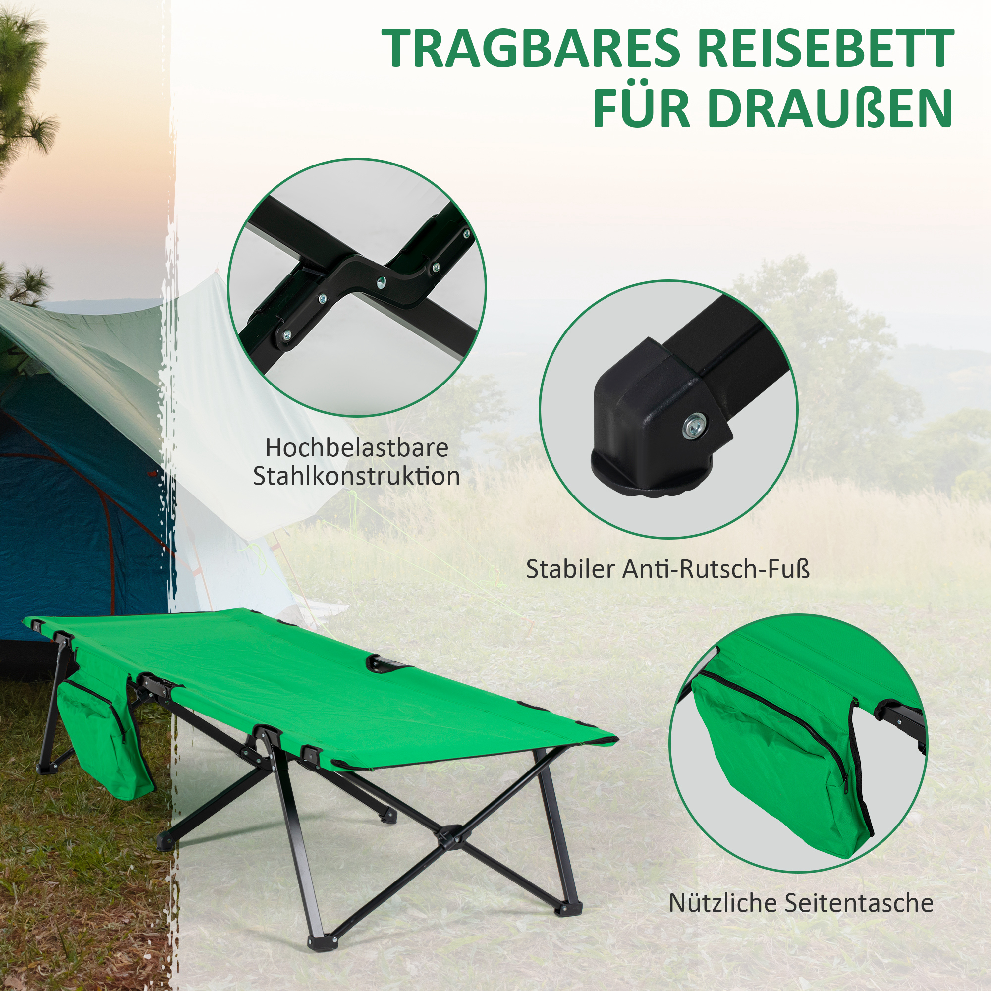Campingbett Feldbett Klappbett klappbar mit Seitentasche Getränkehalter bis 136 kg belastbar Stahl Oxford Grün+Schwarz 190 x 65 x 40 cm