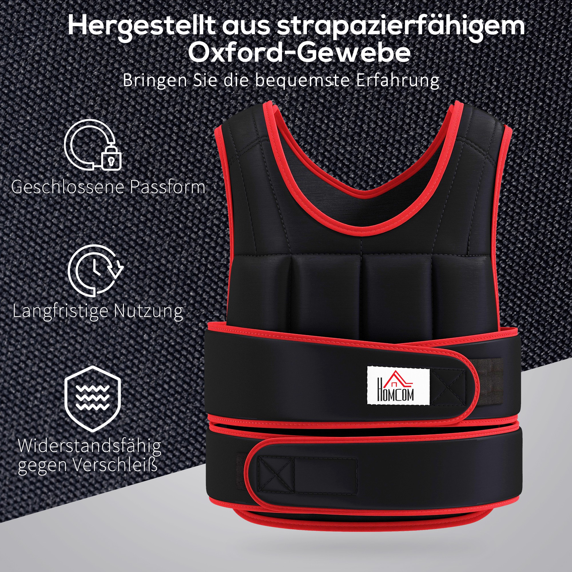 20 kg Trainingsweste Gewichtsweste mit doppelten Gurten verstellbar Krafttraining Fitness Oxford Metall-Sand Schwarz+Rot 60 x 50 cm