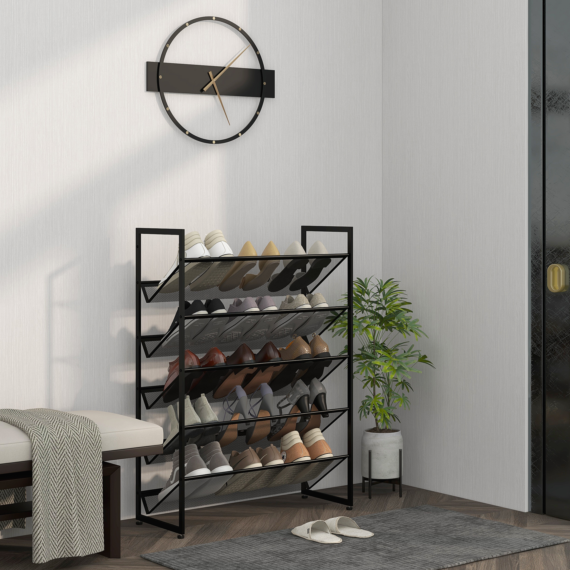 kleines Schuhregal Schuhablage Schuhständer hoch schmal, 5 Regale, 72 cm x 30 cm x 102 cm, Schwarz