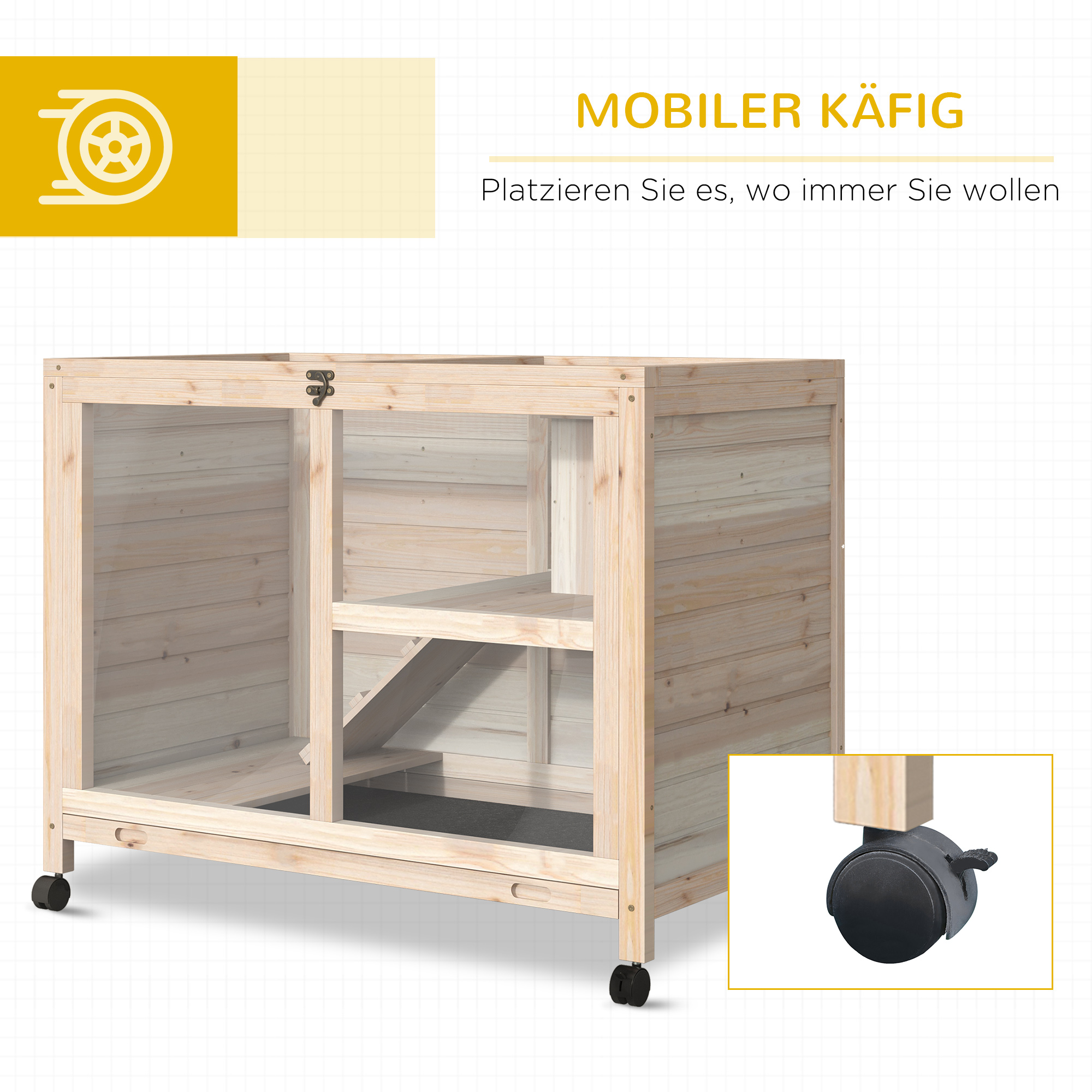 Kleintierstall mit 2 Ebenen 4 Rollen versiegeltes Tannenholz Natur