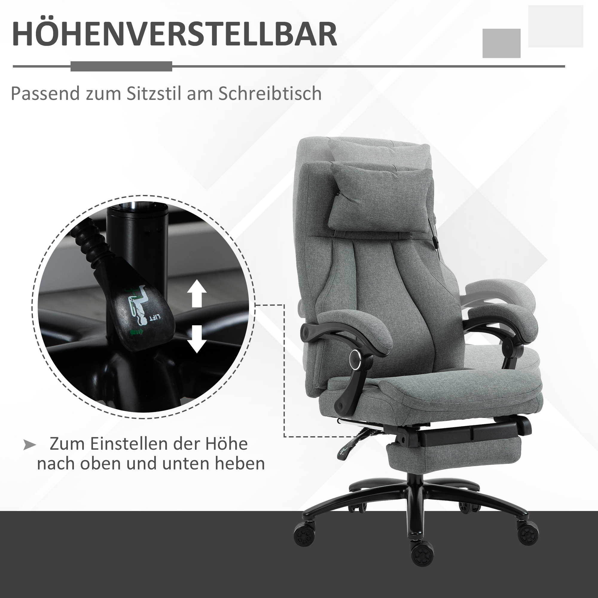 Bürostuhl massage, höhenverstellbarer Chefsessel, Gamingstuhl mit Fußstütze Massagefunktion, ergonomischer Drehstuhl, Massage Sessel, Leinen-Gefühl, Grau, 64 x 74 x 109-117 cm