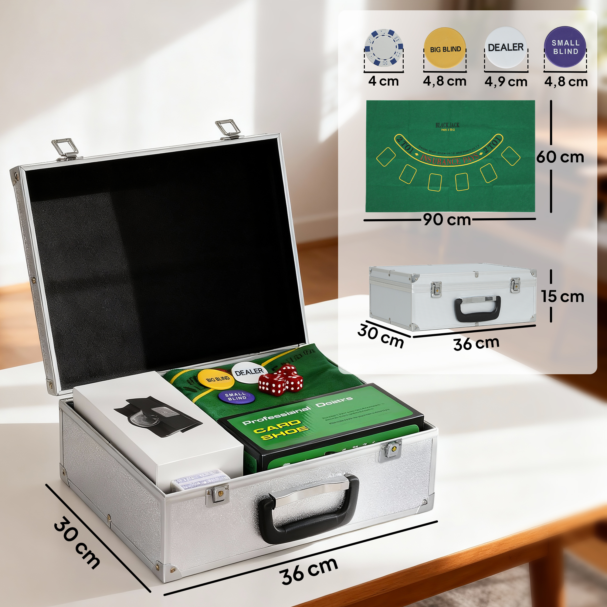 Poker-Set, 300 Chips, Würfel, 2 Kartendecks, Zubehör, Koffer, für 8 Spieler