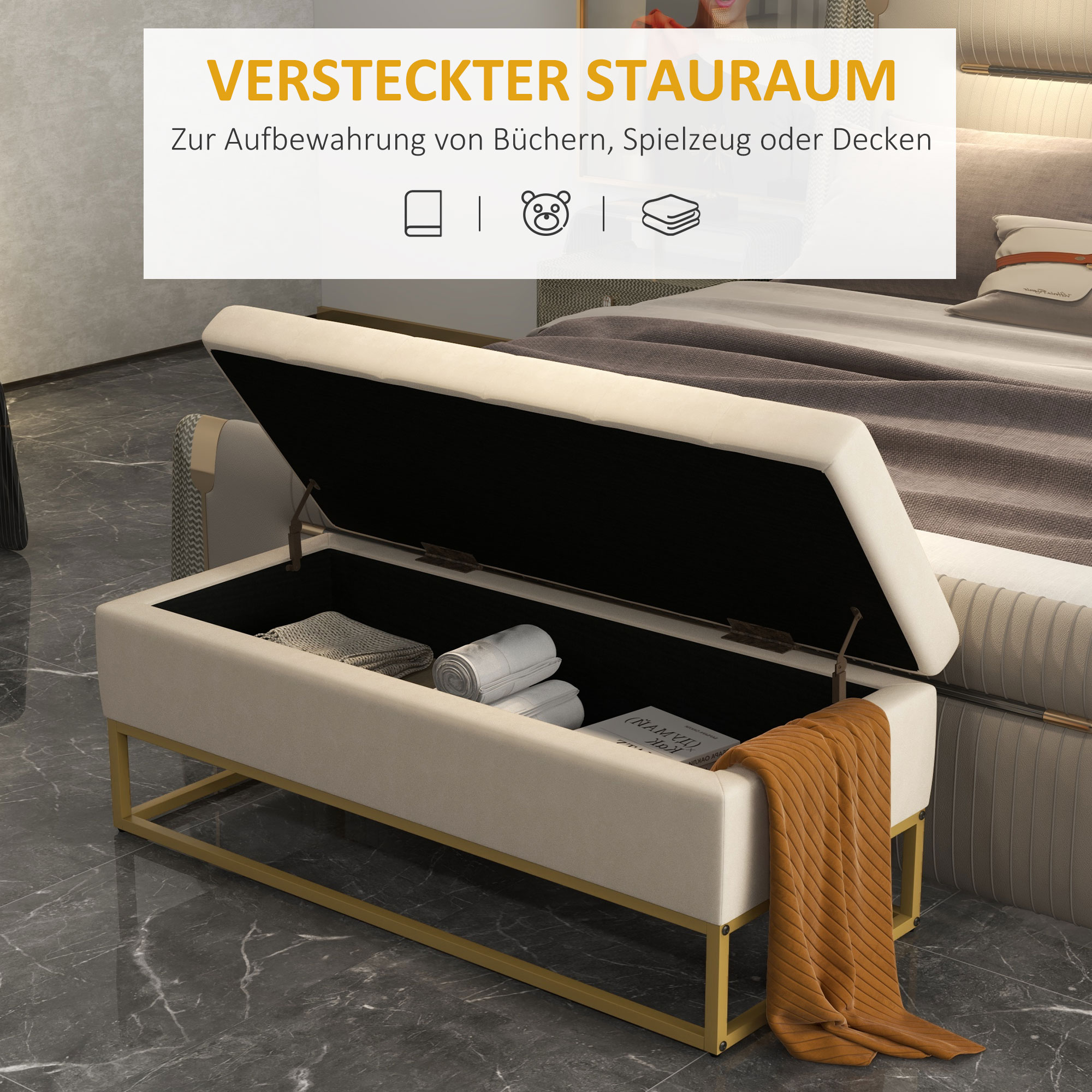 Sitzbank mit Stauraum, dekorative Knopfheftung, Flanelloptik, goldfarbene Stahlbeine, 110 x 47 x 46,5 cm