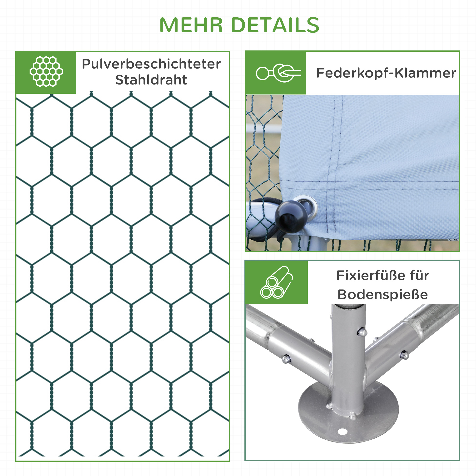 Zwerghühnerstall, wetterbeständig, begehbarer Stall, Stahlgitter, 400 cm x 300 cm x 195 cm, Silber