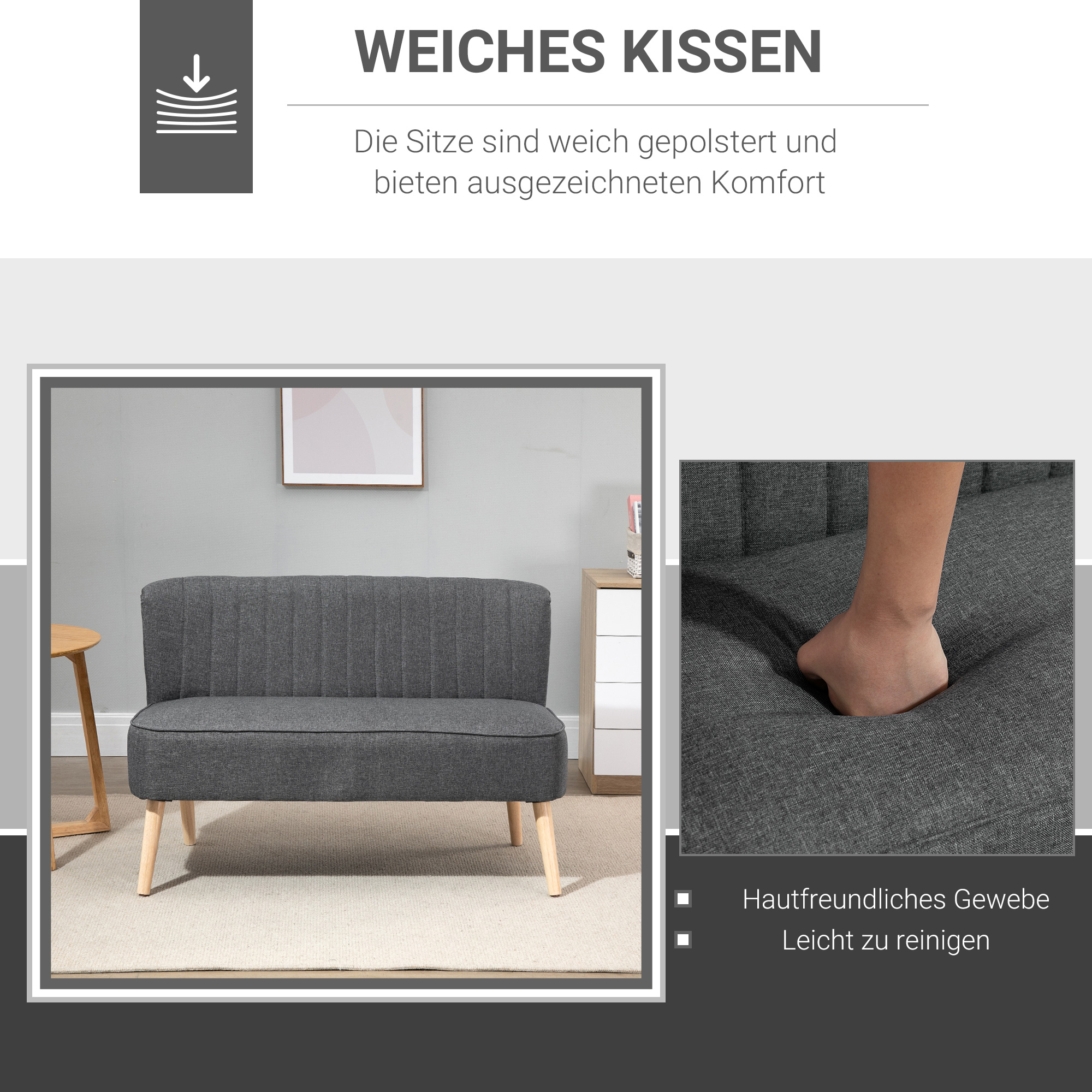 2-Sitzer Sofa, weiche Polsterung, pflegeleichter Bezug, bis 150 kg, 117 x 56,5 x 77 cm, Hellgrau