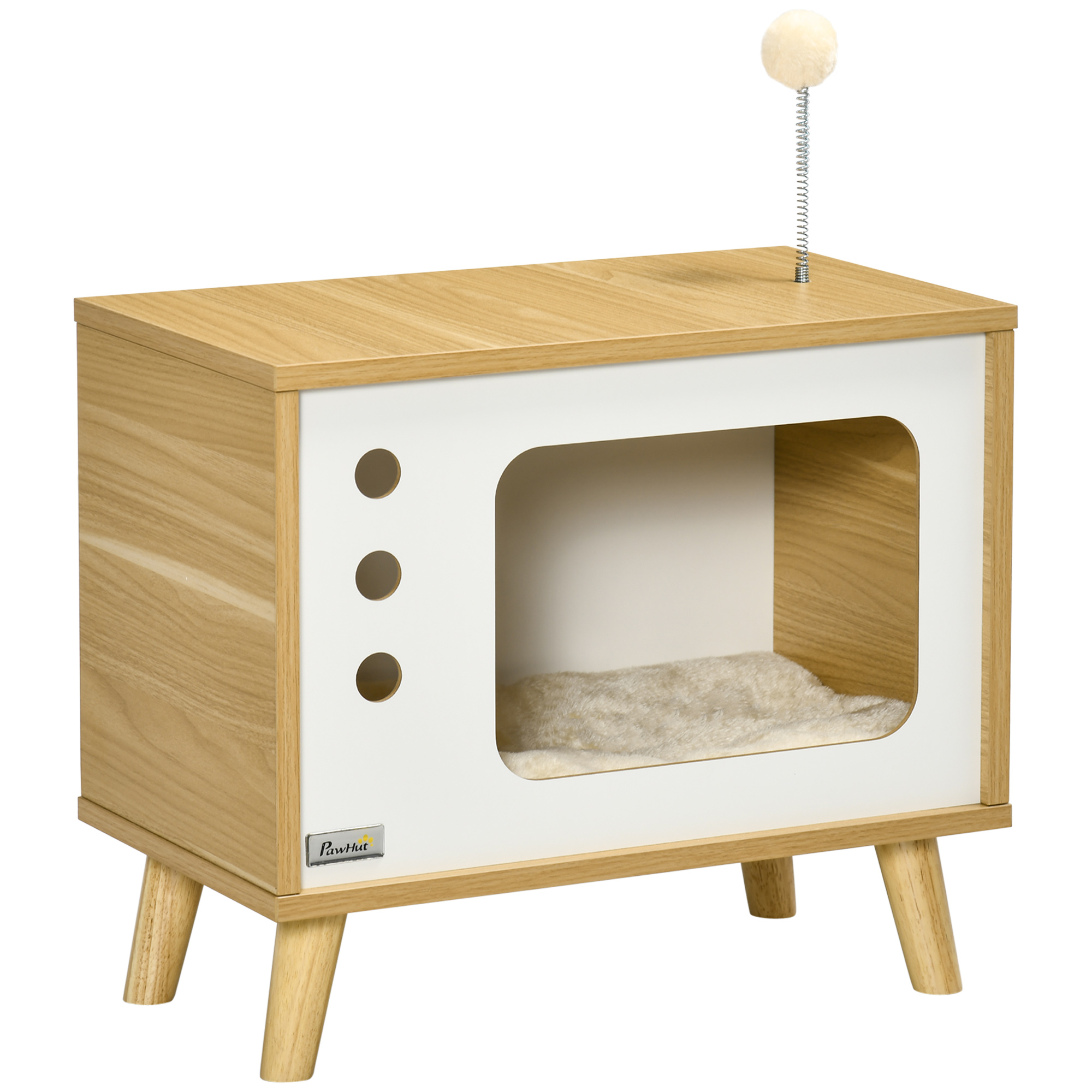 Katzenhöhle imTV-Design inkl, Spielzeug, waschbares Kissen, 50 cm x 28 cm x 43 cm, Eiche + Beige + Weiß